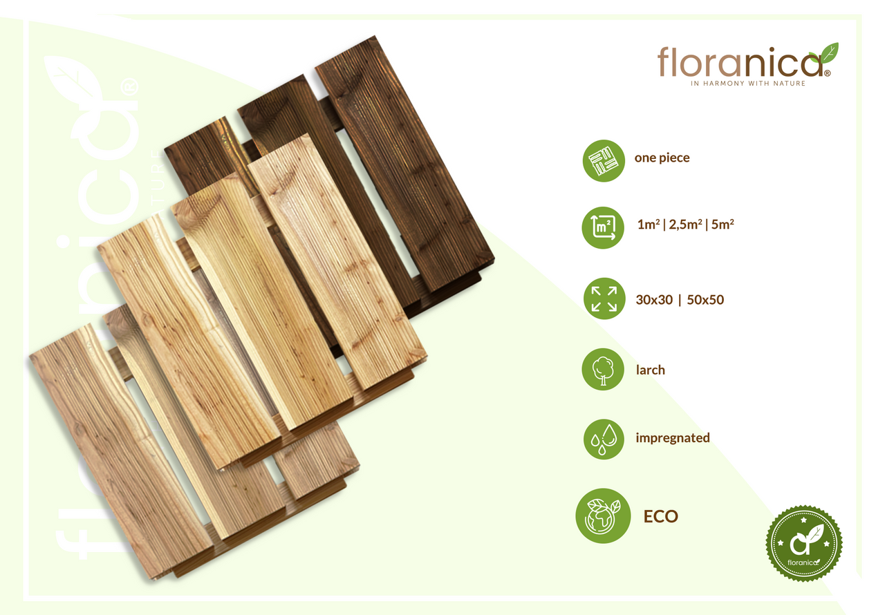 Pemicont Floranica Holzterrassenplatten 1 Stück 30x30 cm Imprägniertes Lärchenholz Braun Boden für die Sauna Terrasse oder dem Balkon Holzfliese im Garten Gefräste Oberfläche Balkonfliesen
