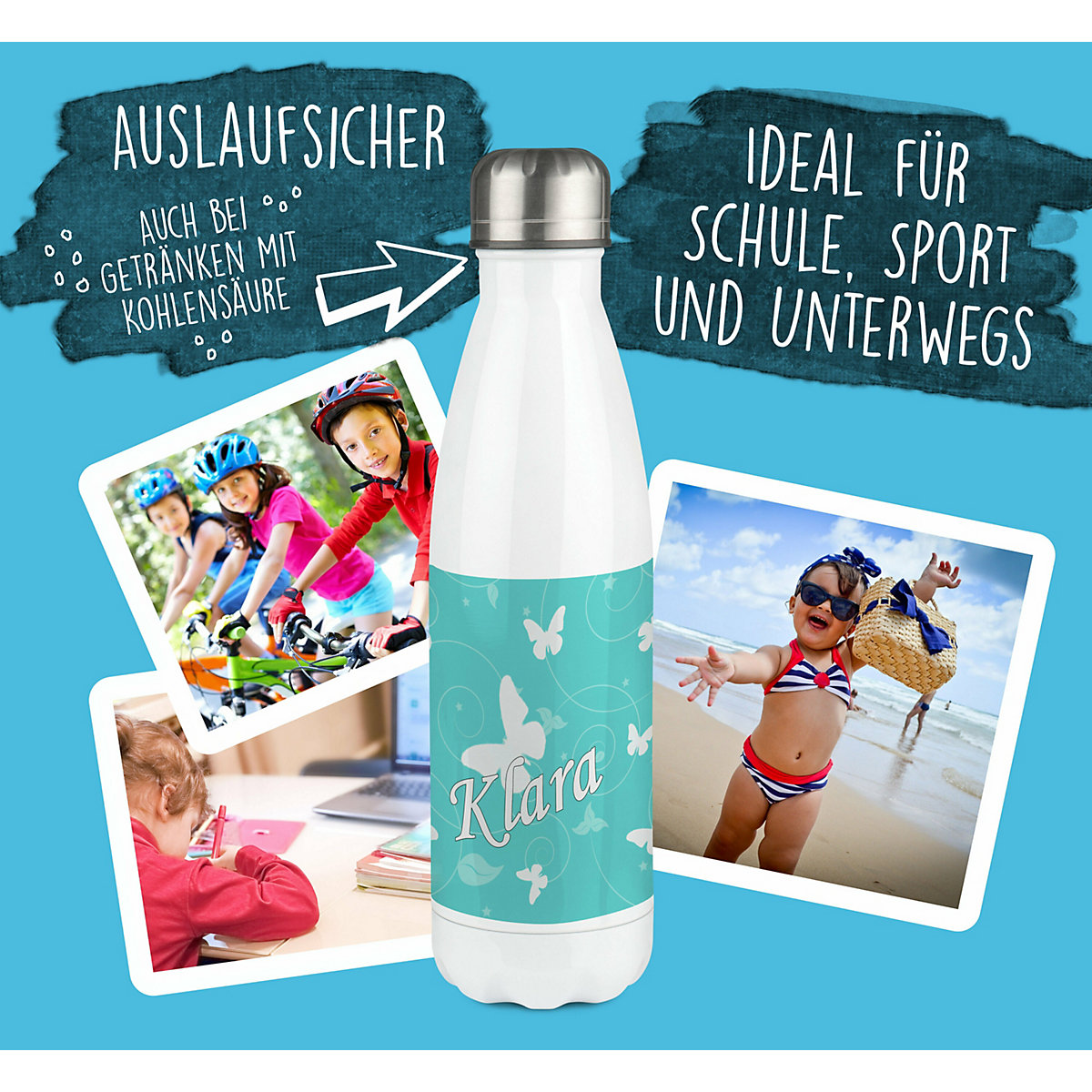 Edelstahl Kinder Thermoflasche / Trinkflasche bunt Schmetterling Ornamente Farbe türkis Spülmaschinenfest, Auslaufsicher, Bruchfest, Doppelwandig, Für Heißgetränke geeignet, Mit Deckel, Isoliert
