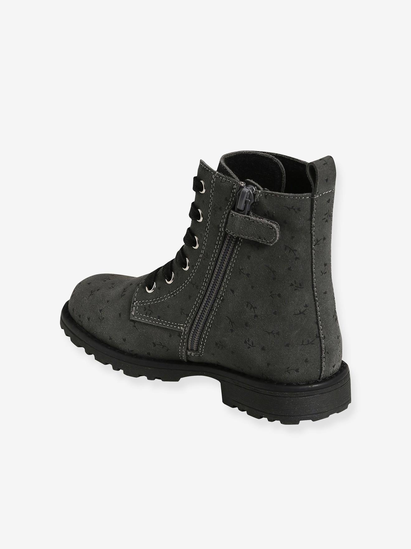 Bottines cuir lacées et zippées fille gris fleurs imprimés