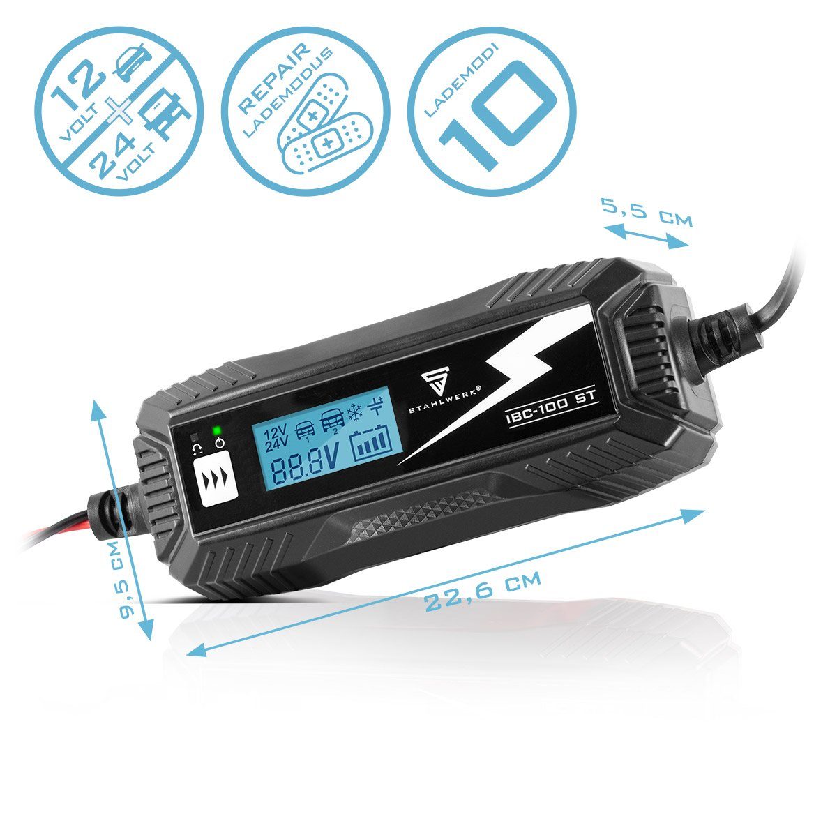 STAHLWERK Batterieladegerät IBC-100 ST mit Mikroprozessor Autobatterie-Ladegerät (Packung, 1-tlg., Das Batterieladegerät verfügt über einen Überladungs-, Polungs- und Kurzschlussschutz., und 10 Lademodi für 12V/24V AGM, VRLA, MF, SLA und GEL-Batterie