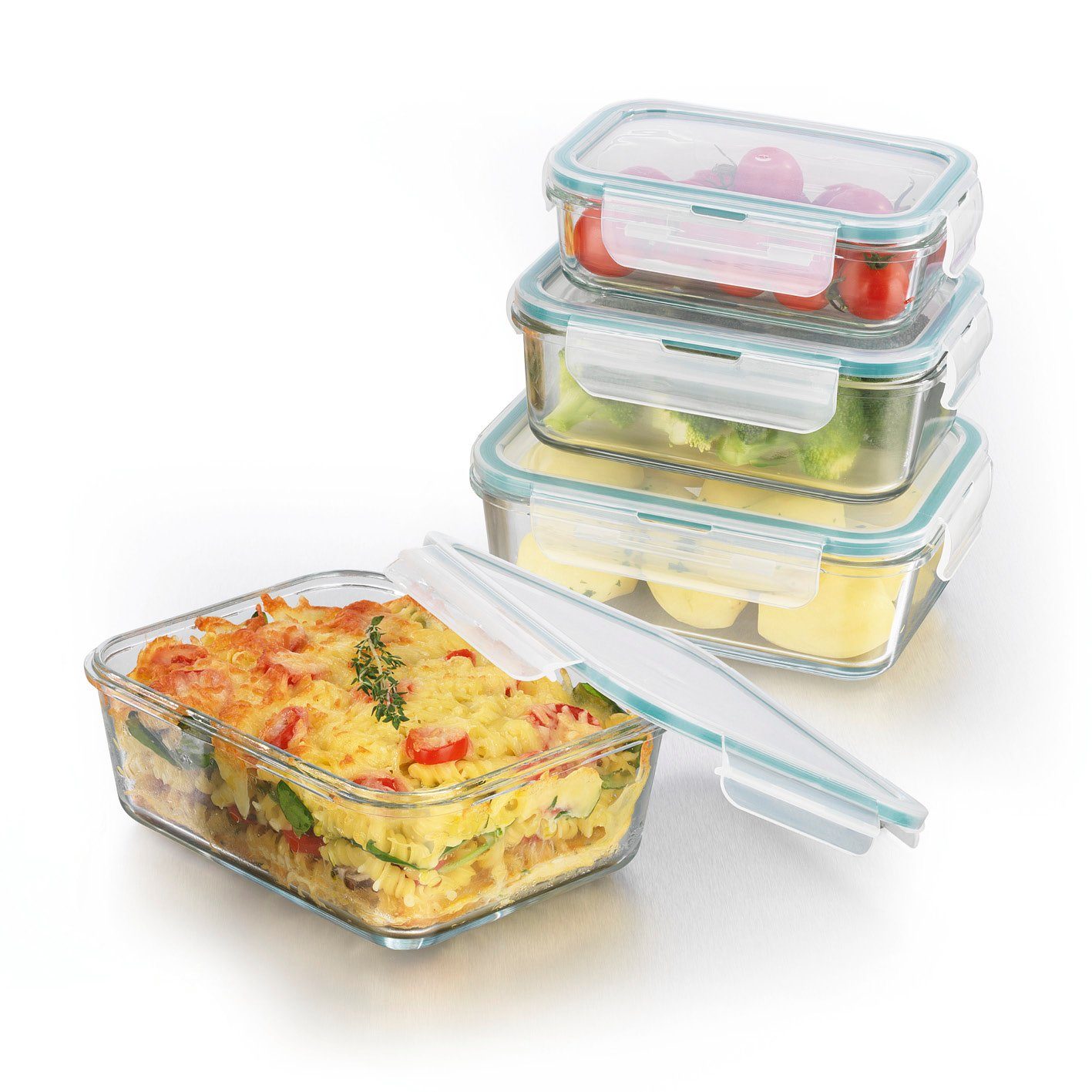 GOURMETmaxx Frischhaltedose Lunchbox Vorratsdosen tropfsicher, Glas, (4er Set, 8-tlg), Glas-Frischhaltedosen 1x 400ml; 1x 750ml; 1x 900ml; 1x 1600ml