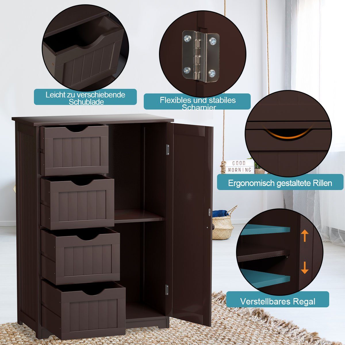 COSTWAY Badkommode, mit 4 Schubladen & 1-türigem Schrank, 55 x 30 x 81 cm