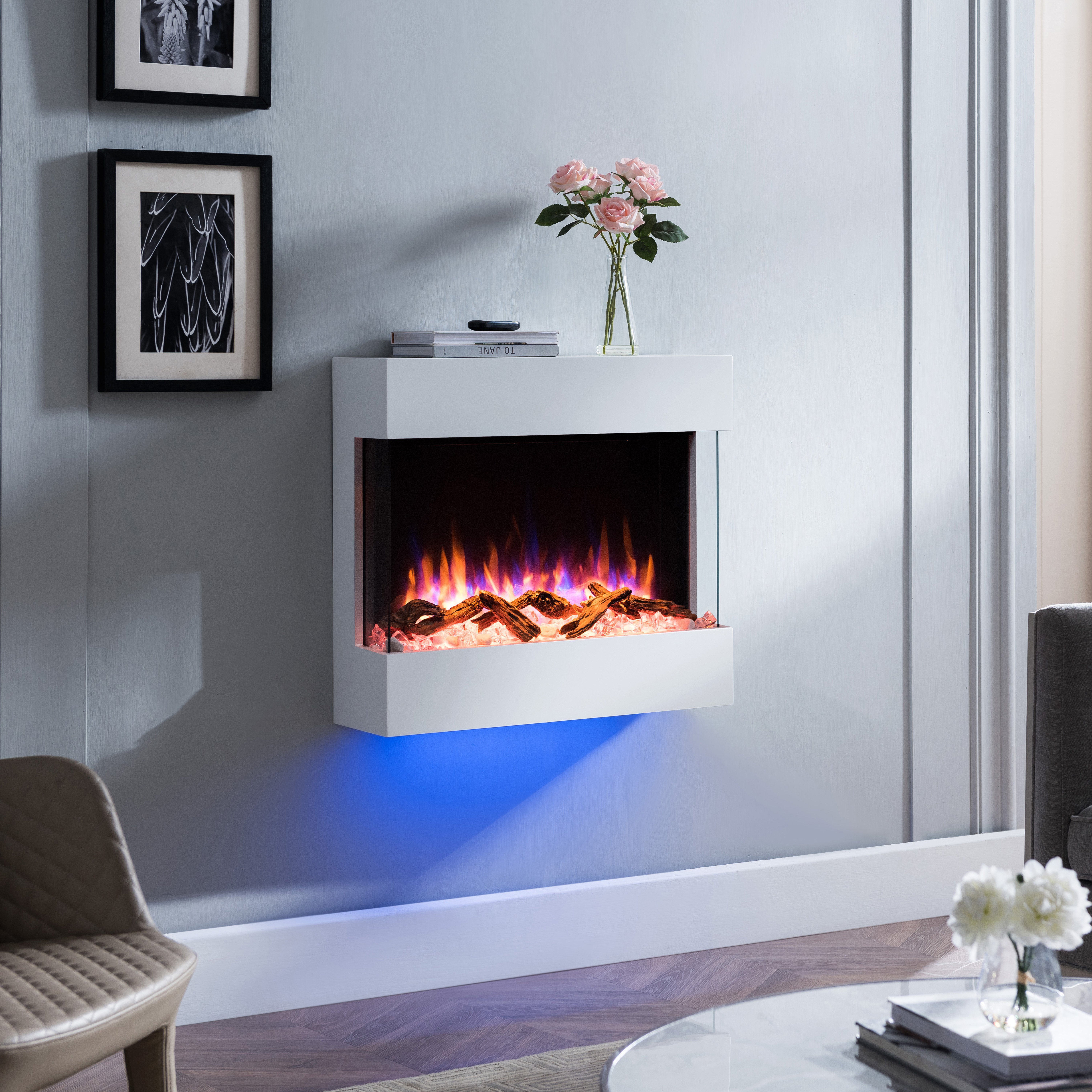RICHEN Elektrokamin Alva, Wandkamin mit Heizung 2000W, 3D-Flammeneffekt, LED-Beleuchtung, Fernbedienung, Timer, Thermostat
