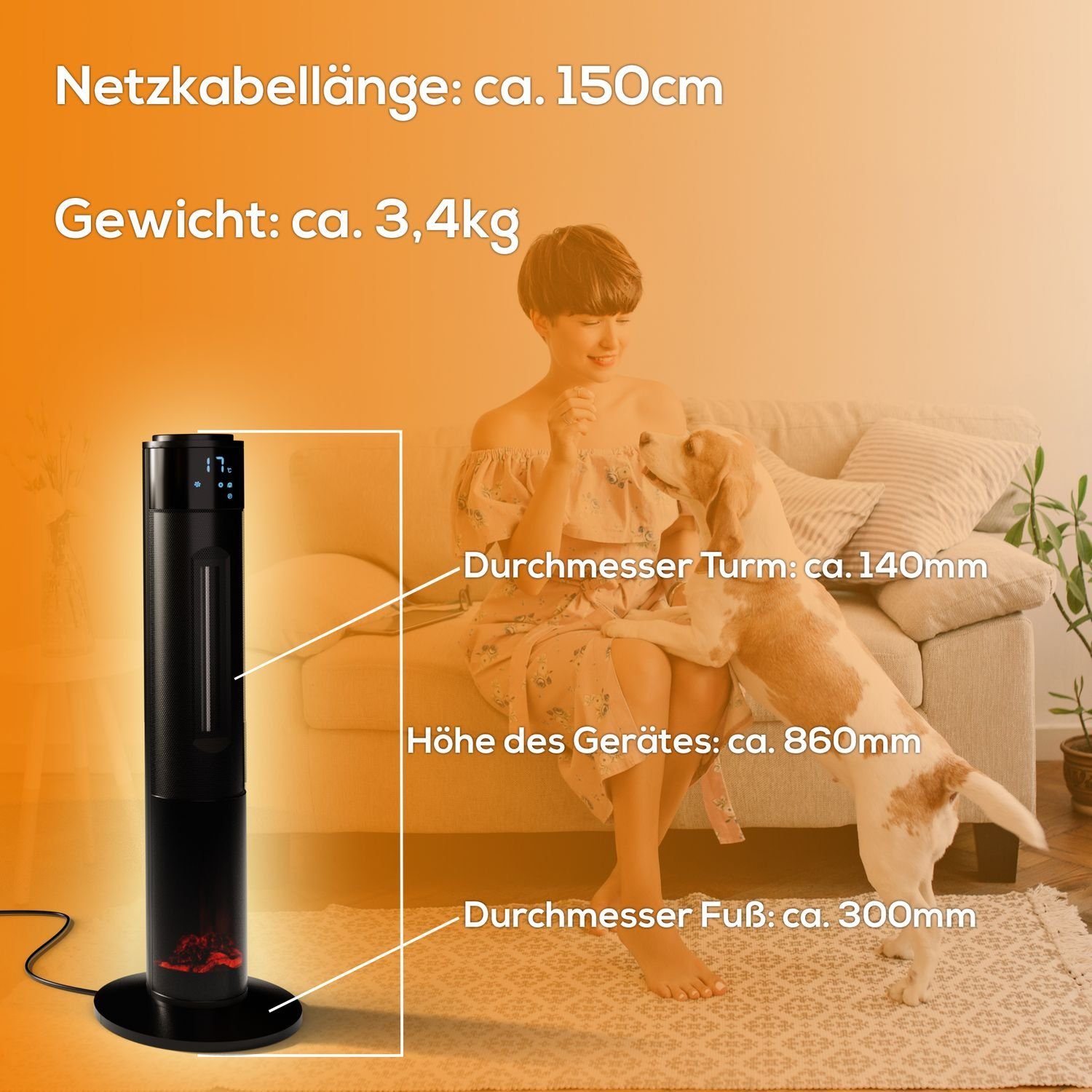 TroniTechnik Heizstrahler Turmheizer,Keramikelement,Heizgerät,Oszillation simulierten Flammen, 1000 W, zwei Heizstufen, Überhitzungsschutz und Abschaltautomatik, Thermostat