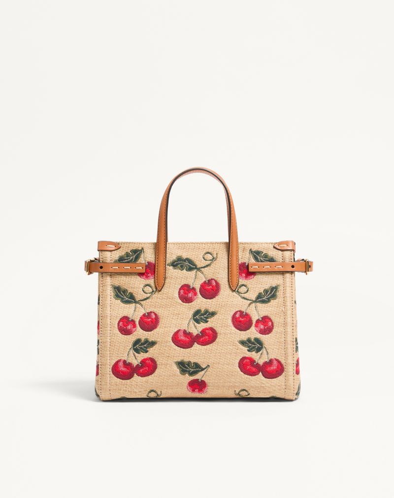 Valentino Garavani Antibes lille jacquard raffia indkøbstaske med kirsebærmotiv