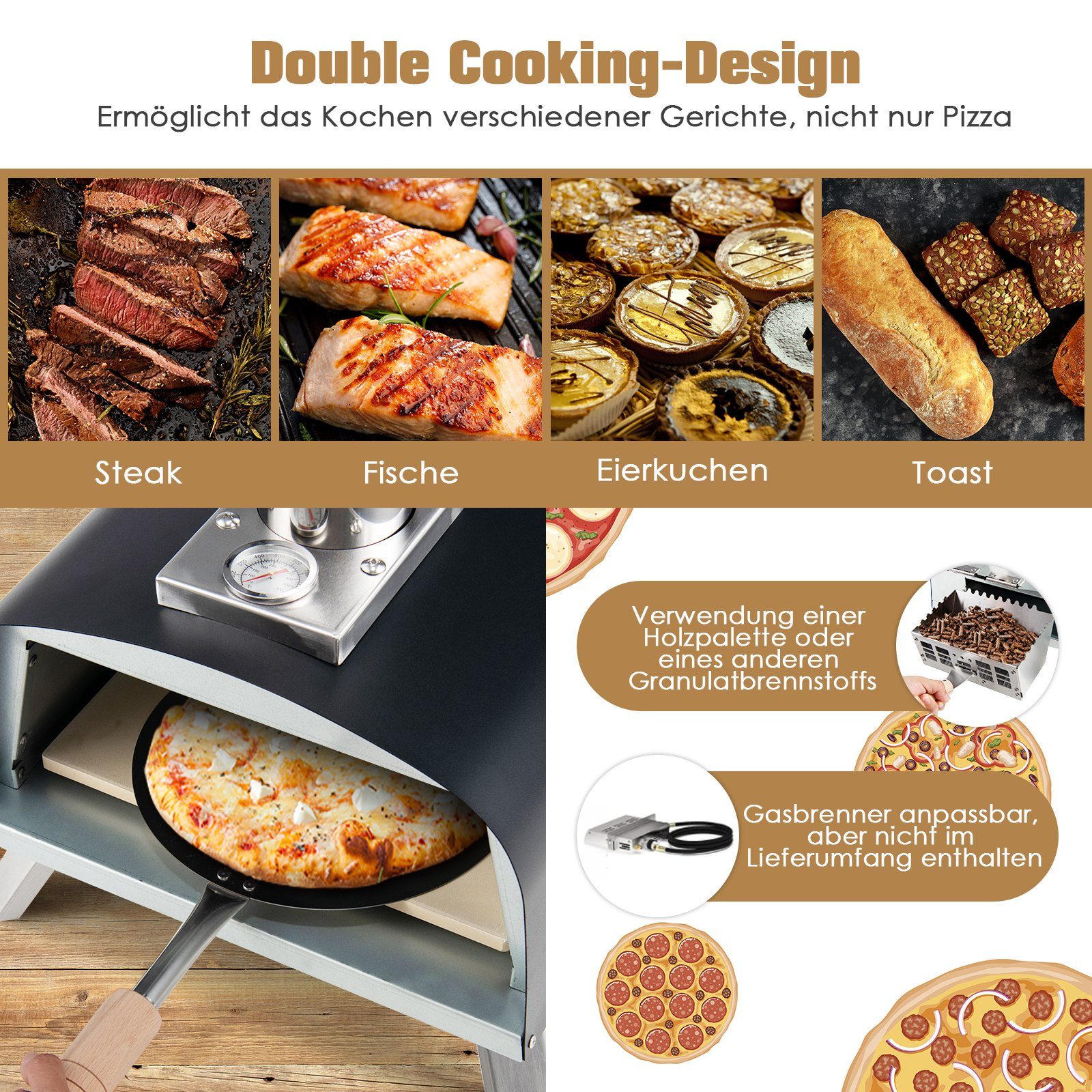 COSTWAY Pizzaofen, inkl. Pizzaschieber & Pizzastein, Gas & Holz, bis zu 450 °C