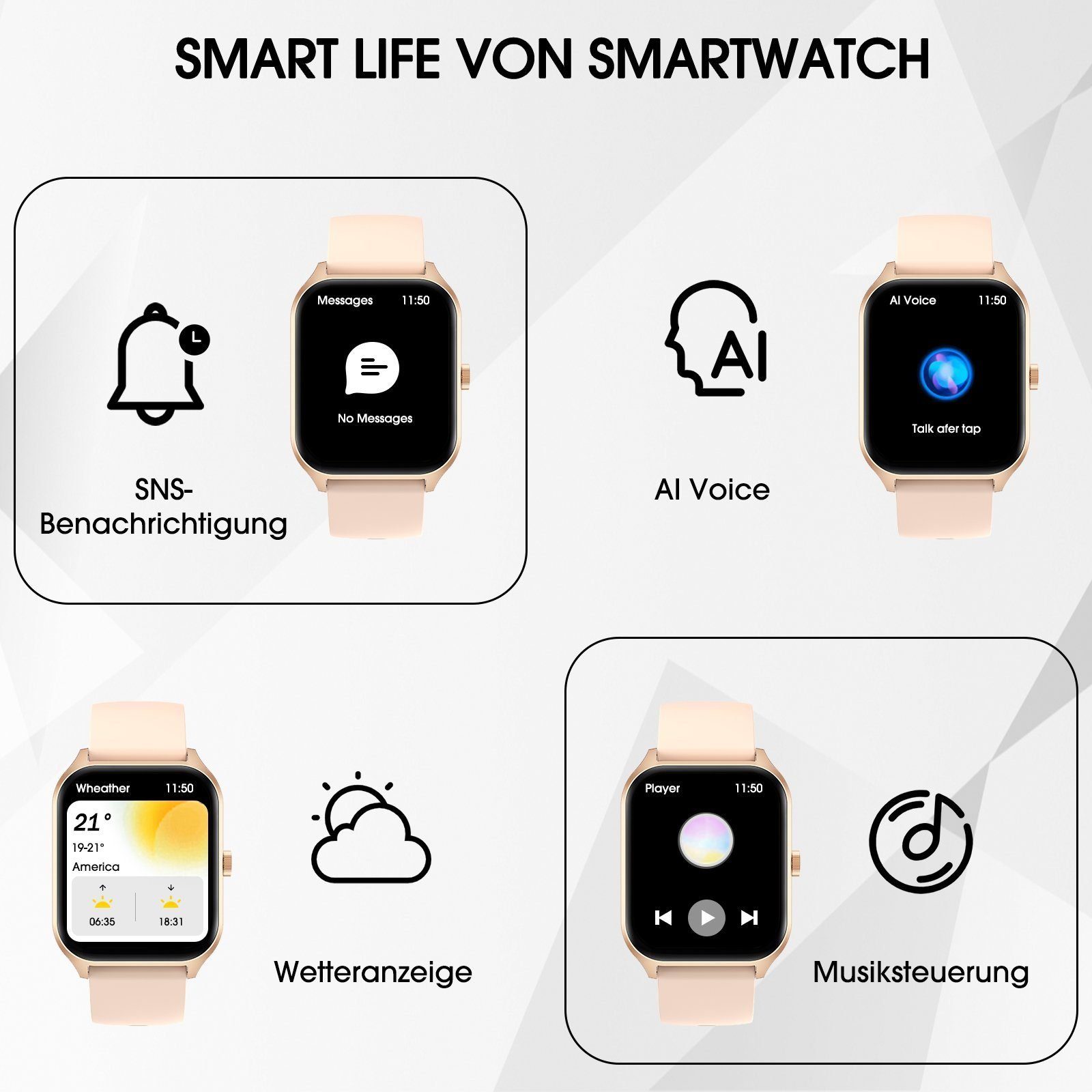Yuede Smartwatch,Neueste 1,96-Zoll-Fitness-Smartwatch für Damen Herren Smartwatch (Bluetooth 5.2 Anruffunktion, Uhr mit Schrittzähler, Pulsuhr, Blutdruckmessung und Sauerstofffunktion( SpO2) , Zoll), IP67 Wasserdichte Sportuhr mit 100 Trainingsmodi,