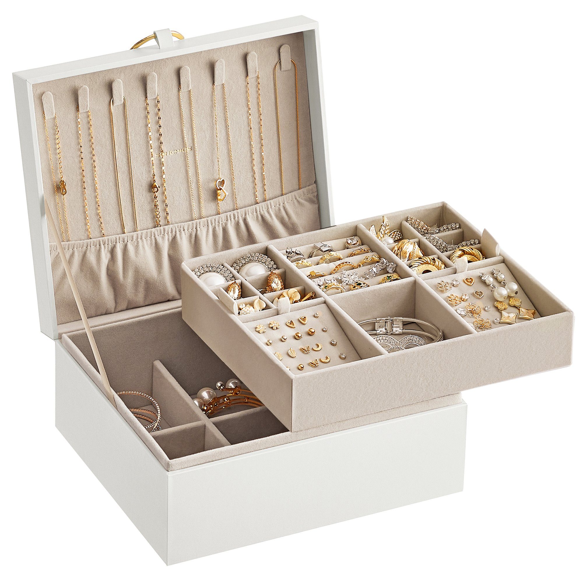 SONGMICS Schmuckkasten, 2 Ebenen, Schmuckkasten mit Griff, Schmuckbox