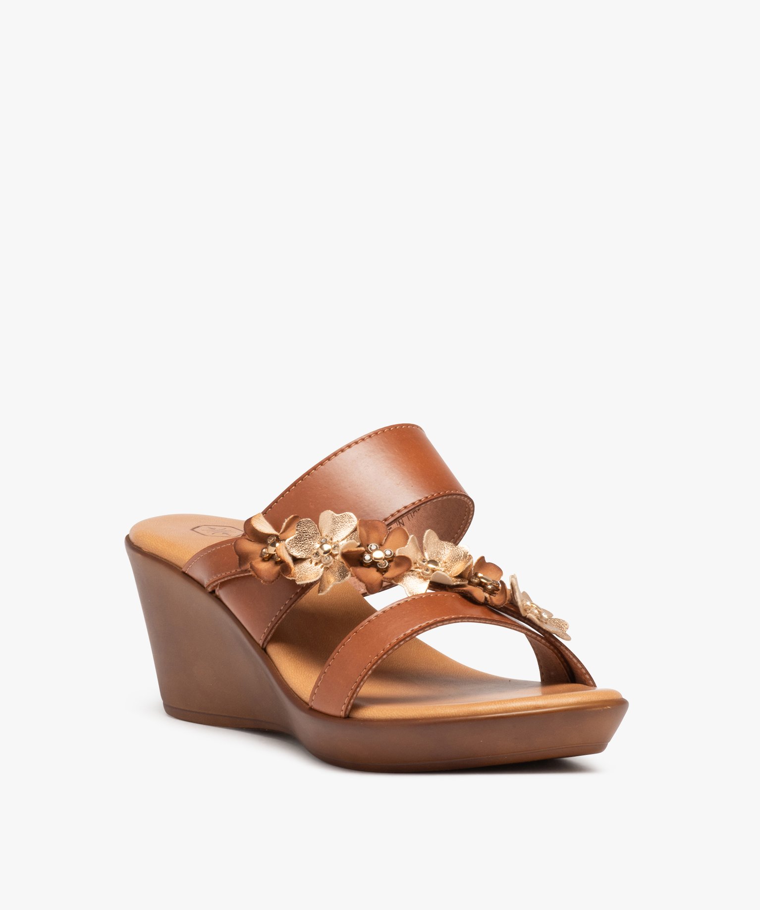 Mules femme compensées avec bride à fleurs marron | GEMO