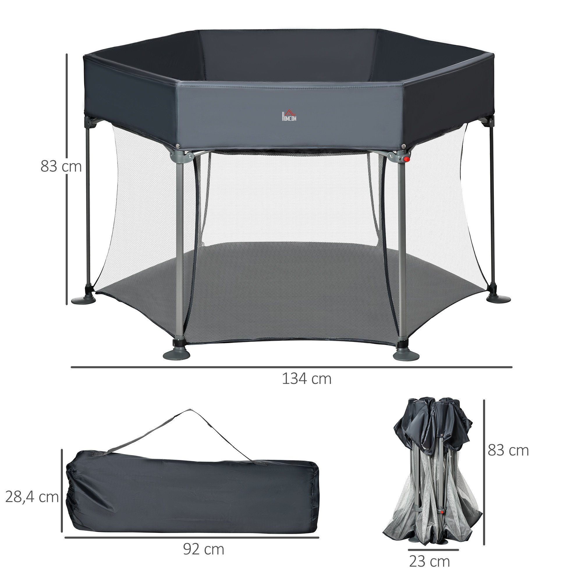 HOMCOM Laufgitter Laufstall klappbar tragbar 134 cm x 134 cm x 83 cm Mesh PP Grau (Set, 1-tlg), zusammenklappbar