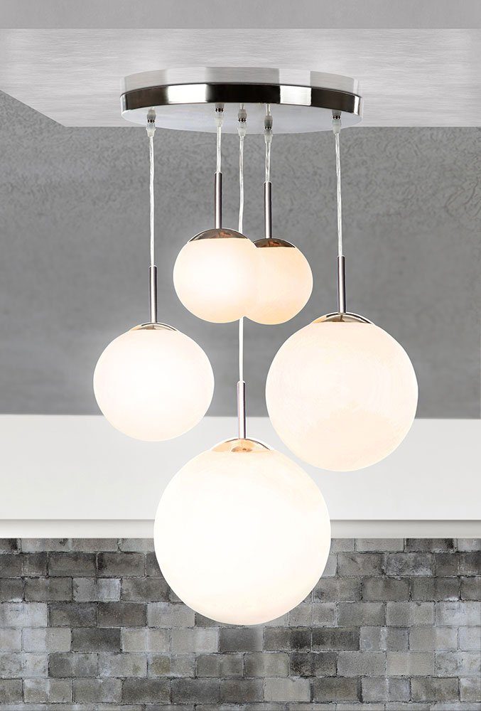 Globo Kugelleuchte, Leuchtmittel nicht inklusive, Hängeleuchte Wohnzimmerlampe 5-flammig Glas Schirm Kugel silber H 90cm