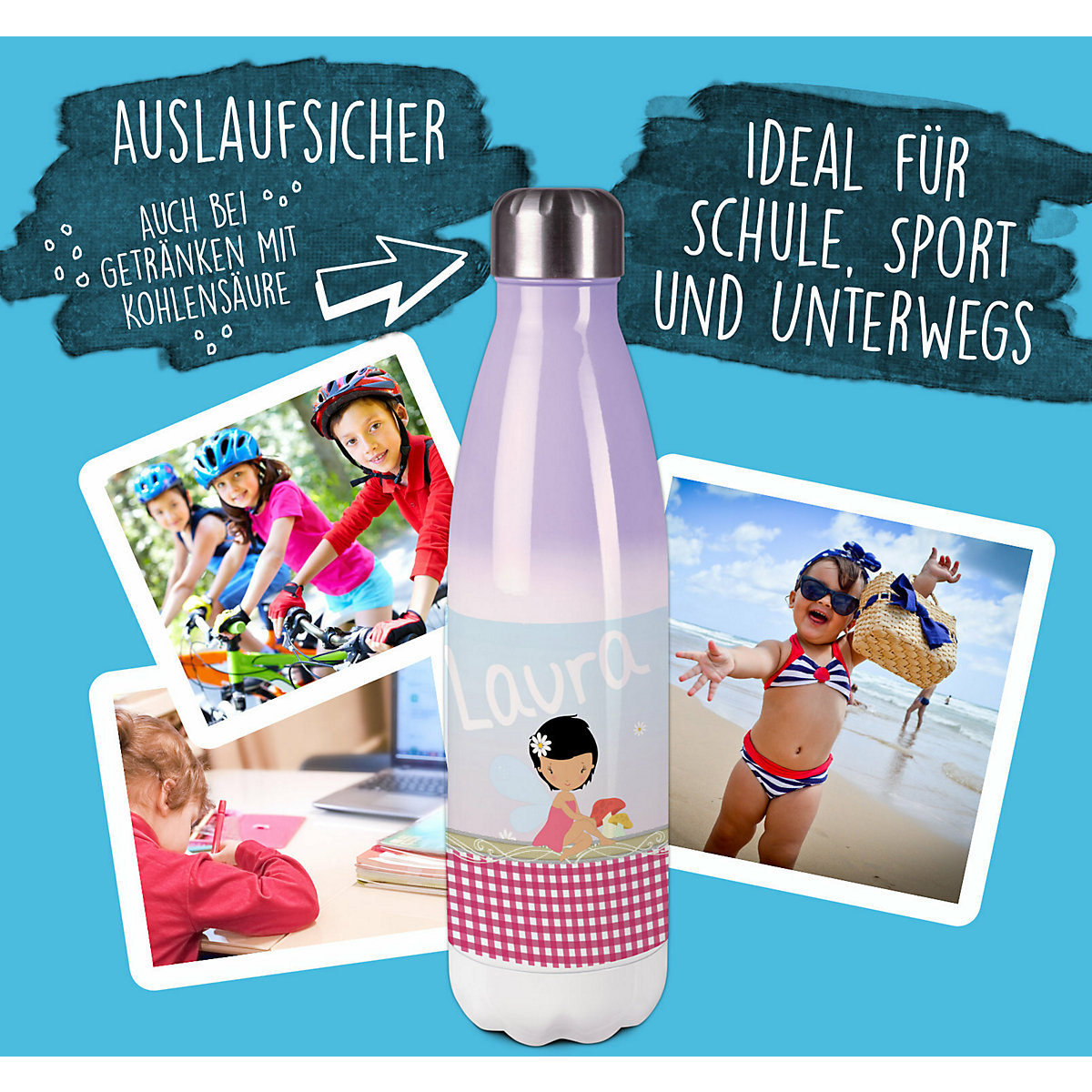 Edelstahl Kinder Thermoflasche / Trinkflasche bunt Fee Spülmaschinenfest, Auslaufsicher, Bruchfest, Doppelwandig, Für Heißgetränke geeignet, Mit Deckel, Isoliert