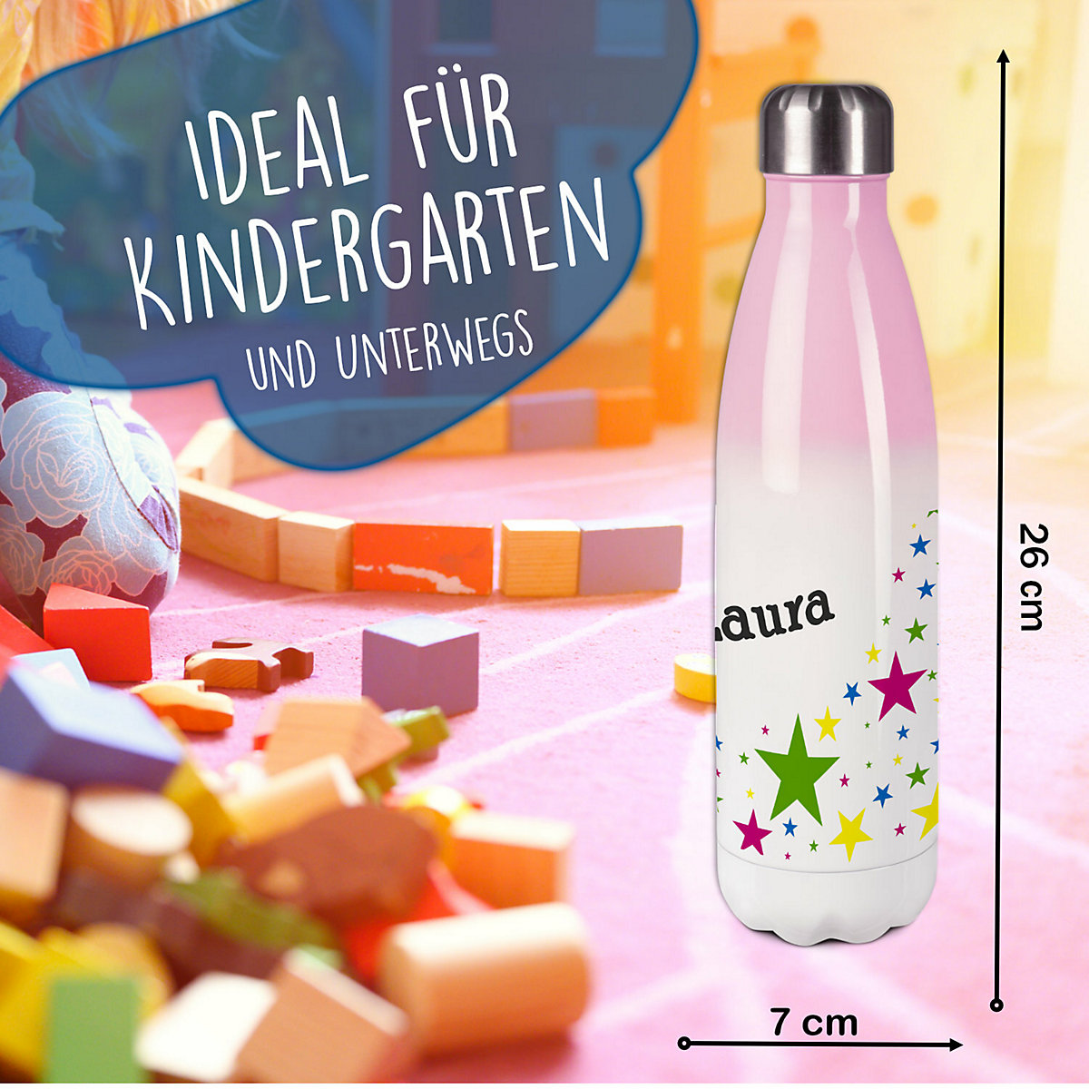 Edelstahl Kinder Thermoflasche / Trinkflasche bunt Sterne Spülmaschinenfest, Auslaufsicher, Bruchfest, Doppelwandig, Für Heißgetränke geeignet, Mit Deckel, Isoliert