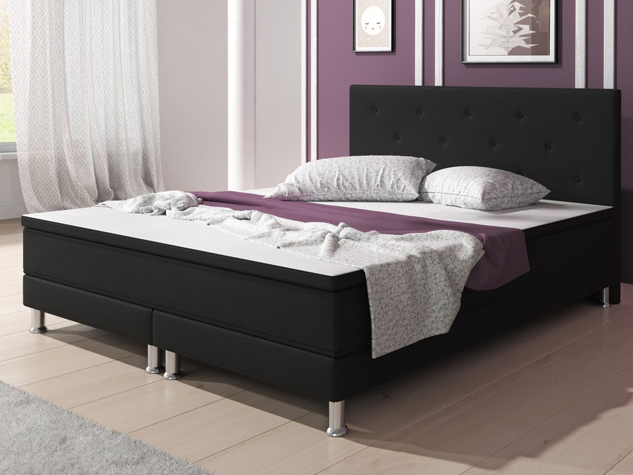 IHG Boxspringbett Esra 140x200 Webstoff Schwarz