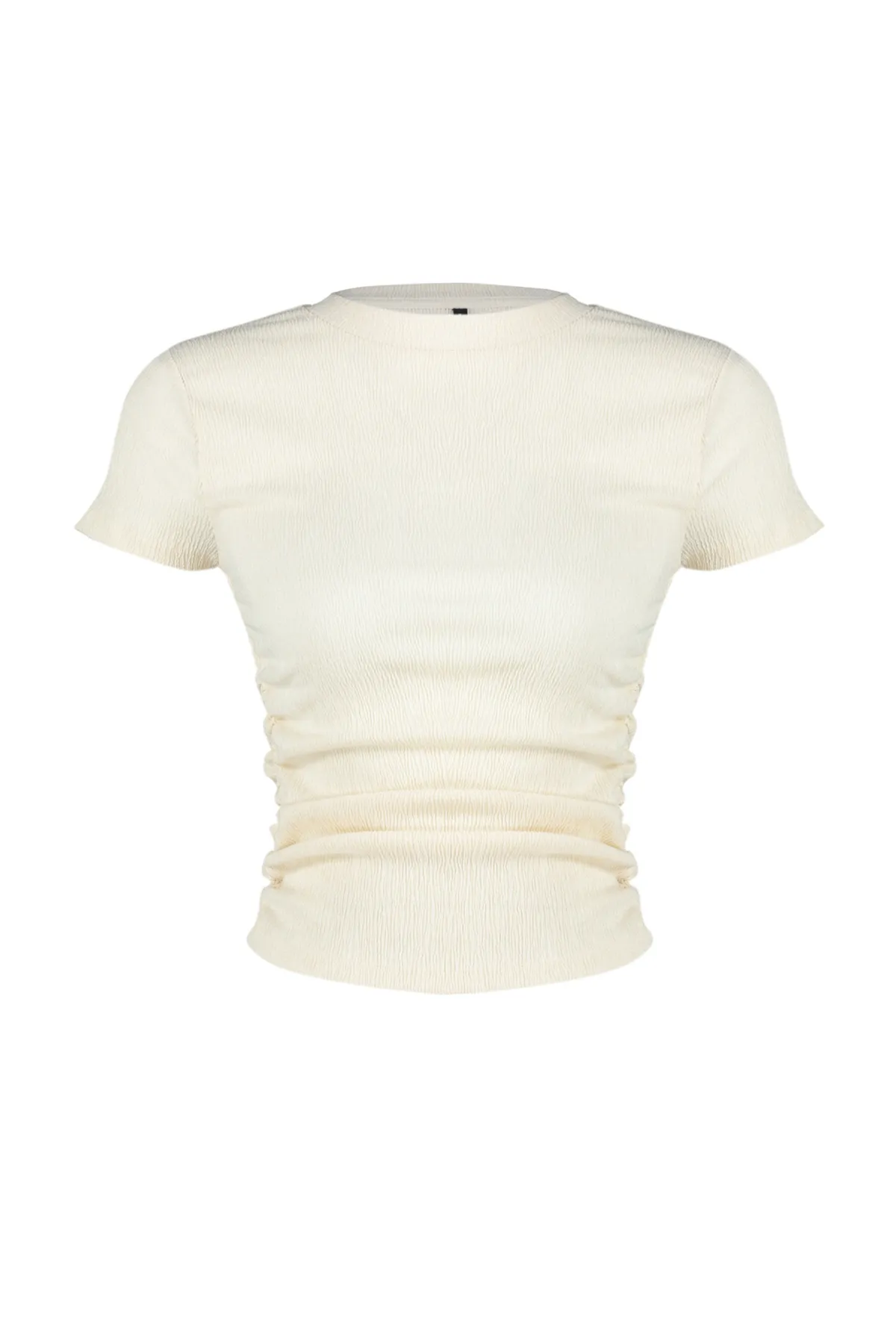 Trendyol Collection  Kurzärmlige, geraffte, detaillierte, flexible Strickbluse in Stone mit hohem Kragen TWOSS24BZ00135
