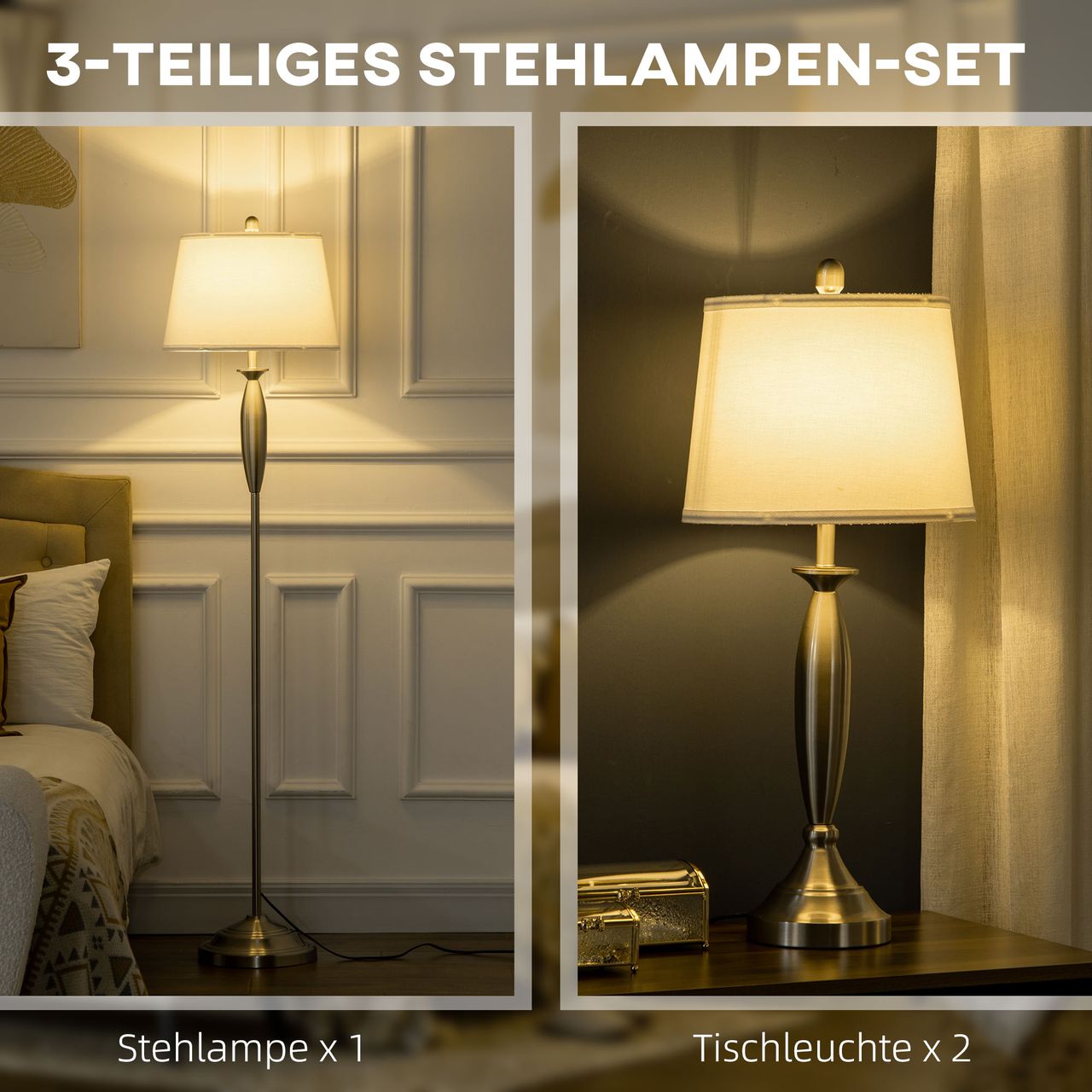 HOMCOM 3-teiliges Leuchten-Set inkl.1 Stehleuchte, 2 Tischleuchte, Silber Weiß