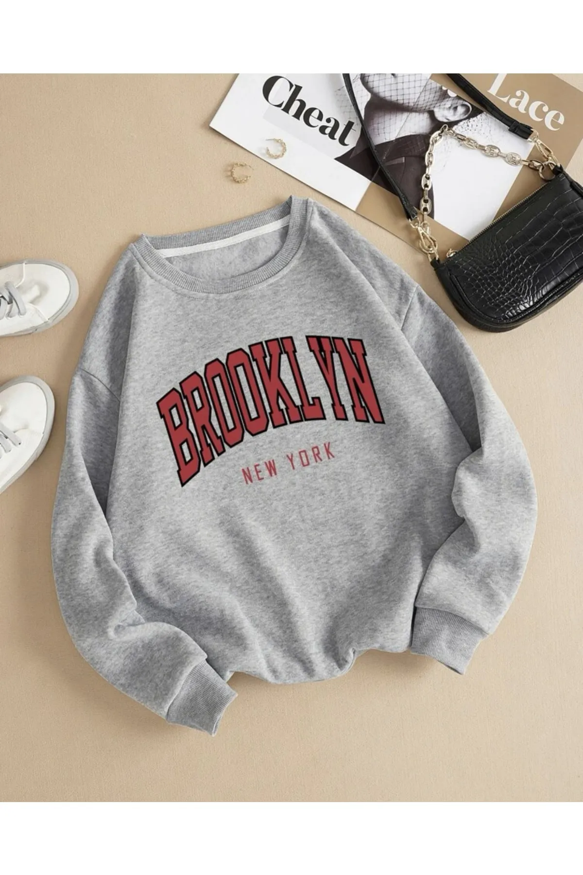 MOONBULL  Graues Oversize-Sweatshirt mit Bronklyn-Print für Unisex