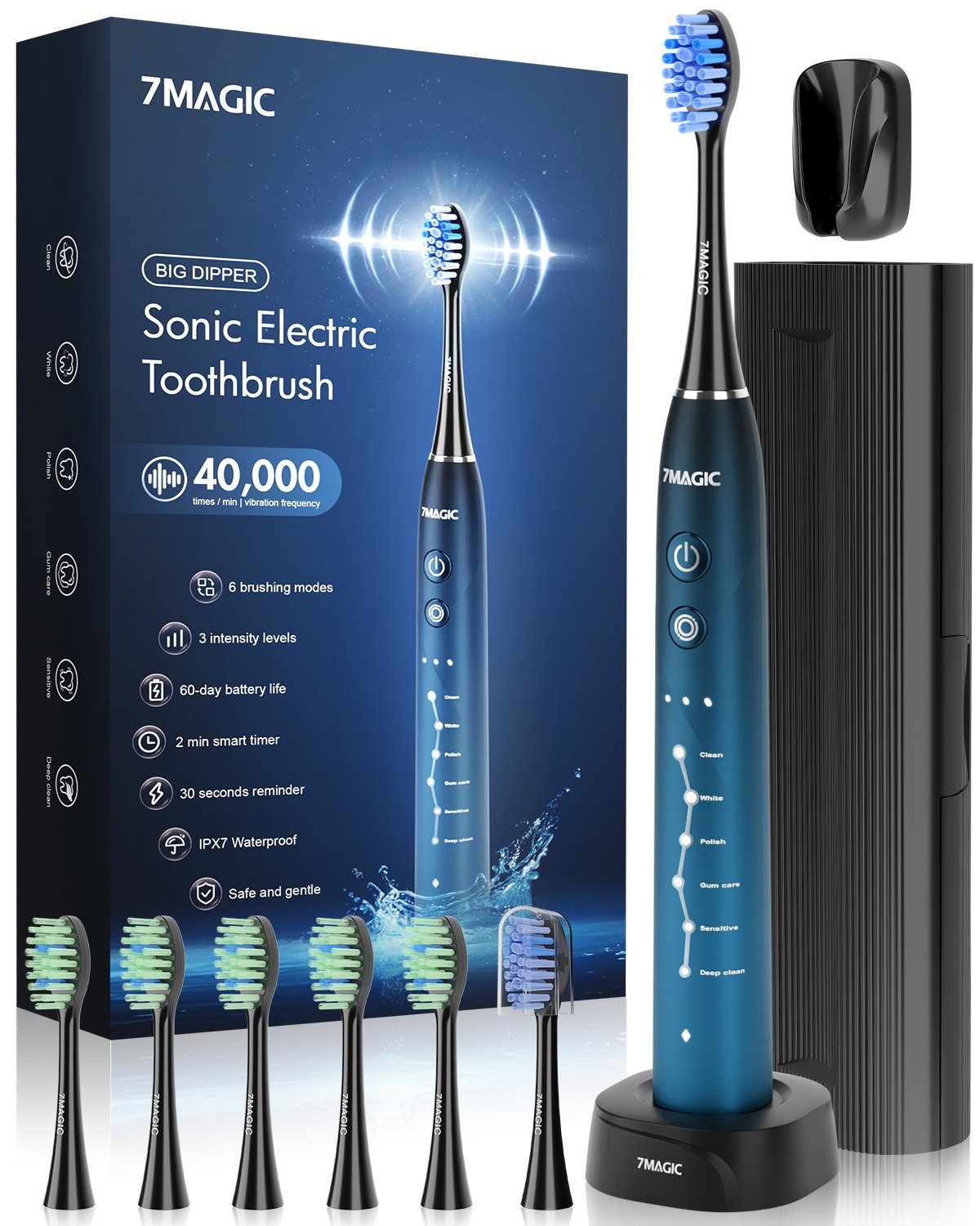 7Magic Schallzahnbürste Elektrische Zahnbürste mit 40000VPM Schalltechnologie UIltraschall, Aufsteckbürsten: 6 St., mit Reiseetui, Zahnbürstenhalter, 6 Zahnputz-Modi, 6 Zahnbürstenköpfen, Putzdauer-Erinnerung