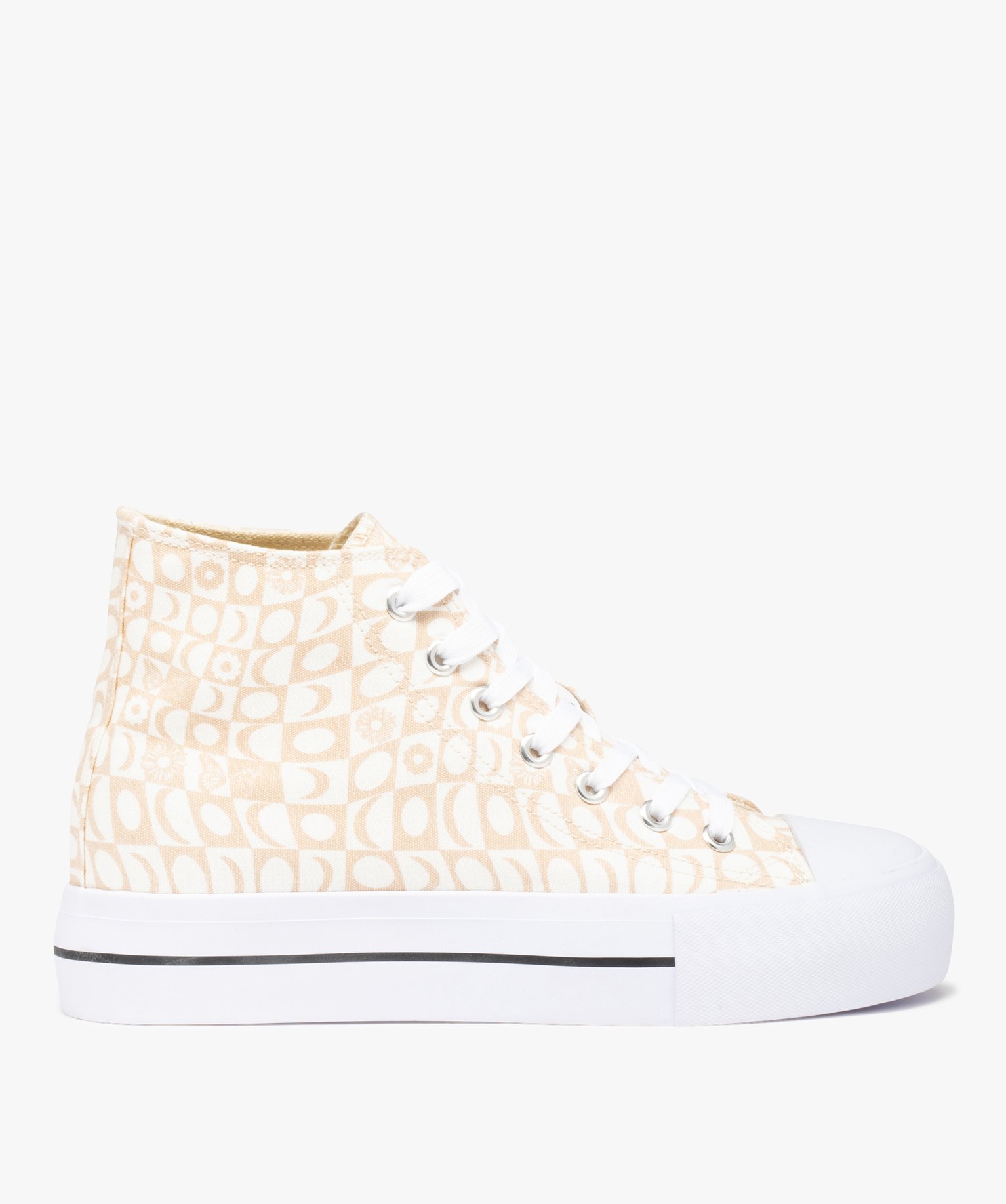 Baskets femme mid-cut en toile imprimée damier beige | GEMO
