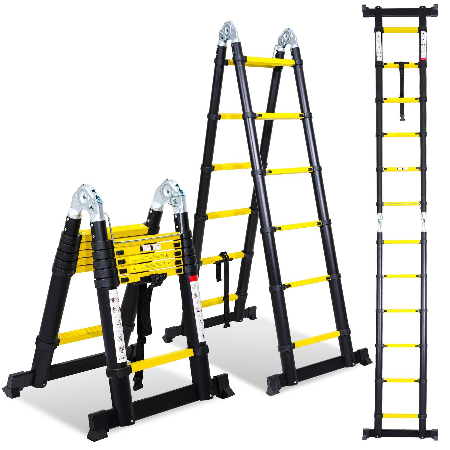 Lospitch Teleskopleiter Teleskopleiter Alu 1.9+1.9m Ausziehleiter Anlegeleiter Silber klappbar