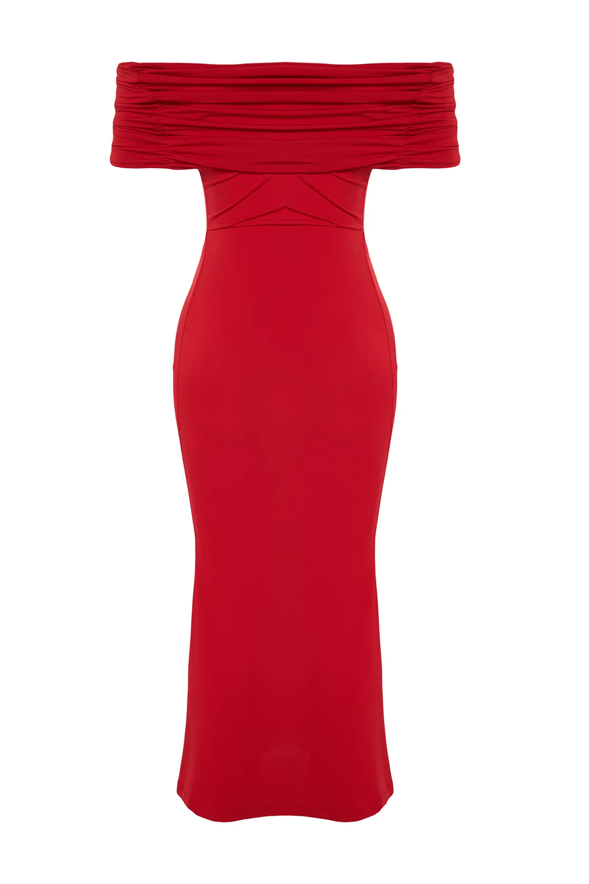 Trendyol Collection  Rotes, figurbetontes, gestricktes, elegantes Abendkleid TPRSS24EL00113