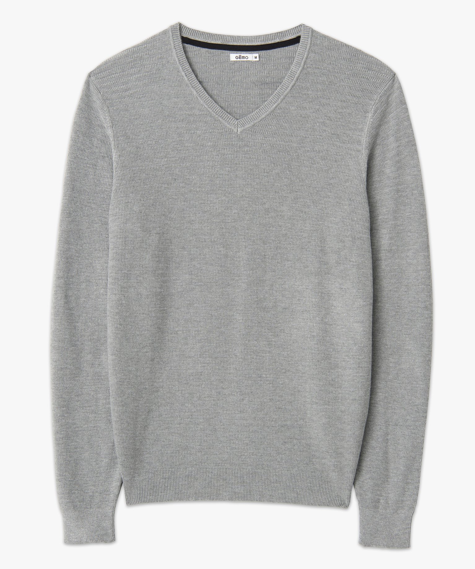 Pull homme à col V en maille fantaisie gris | GEMO
