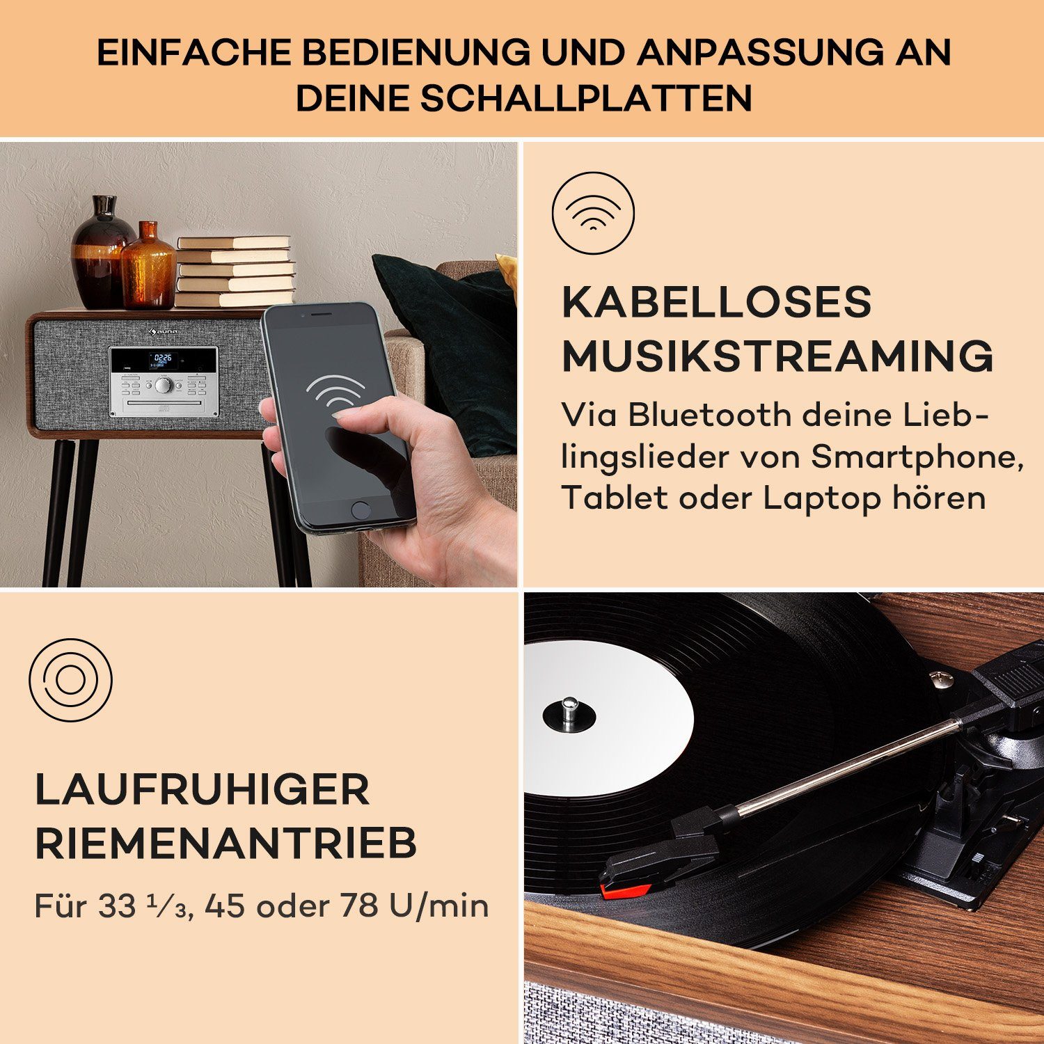 Auna Mary Ann Retro Audio CD Player Plattenspieler (Riemenantrieb, Bluetooth;CD, DAB+ UKW Radio MP3 Player Fernbedienung)