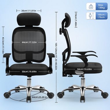 Authmic Bürostuhl Bürostuhl, Drehstuhl, Schreibtischstuhl, Chefsessel, (Bürostuhl ergonomisch mit verstellbarer Armlehnen, Lendenwirbelstutze, Atmungsaktiver Netzstuhl), Wippfunktion von 90° bis 135°, Bürostuhl 150kg