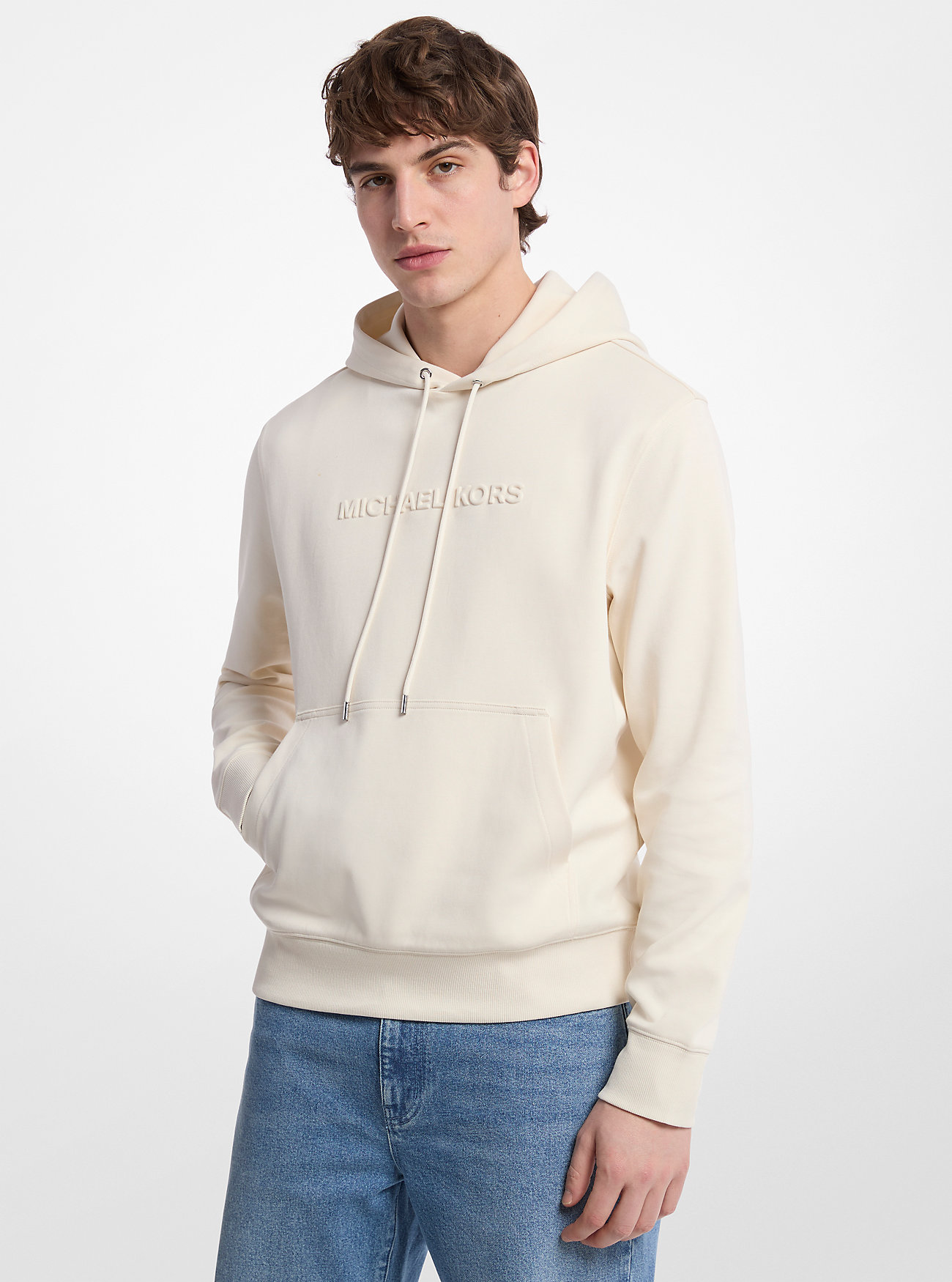 Bluza z kapturem z wytłoczonym logo z mieszanki bawełny - SOFT ECRU