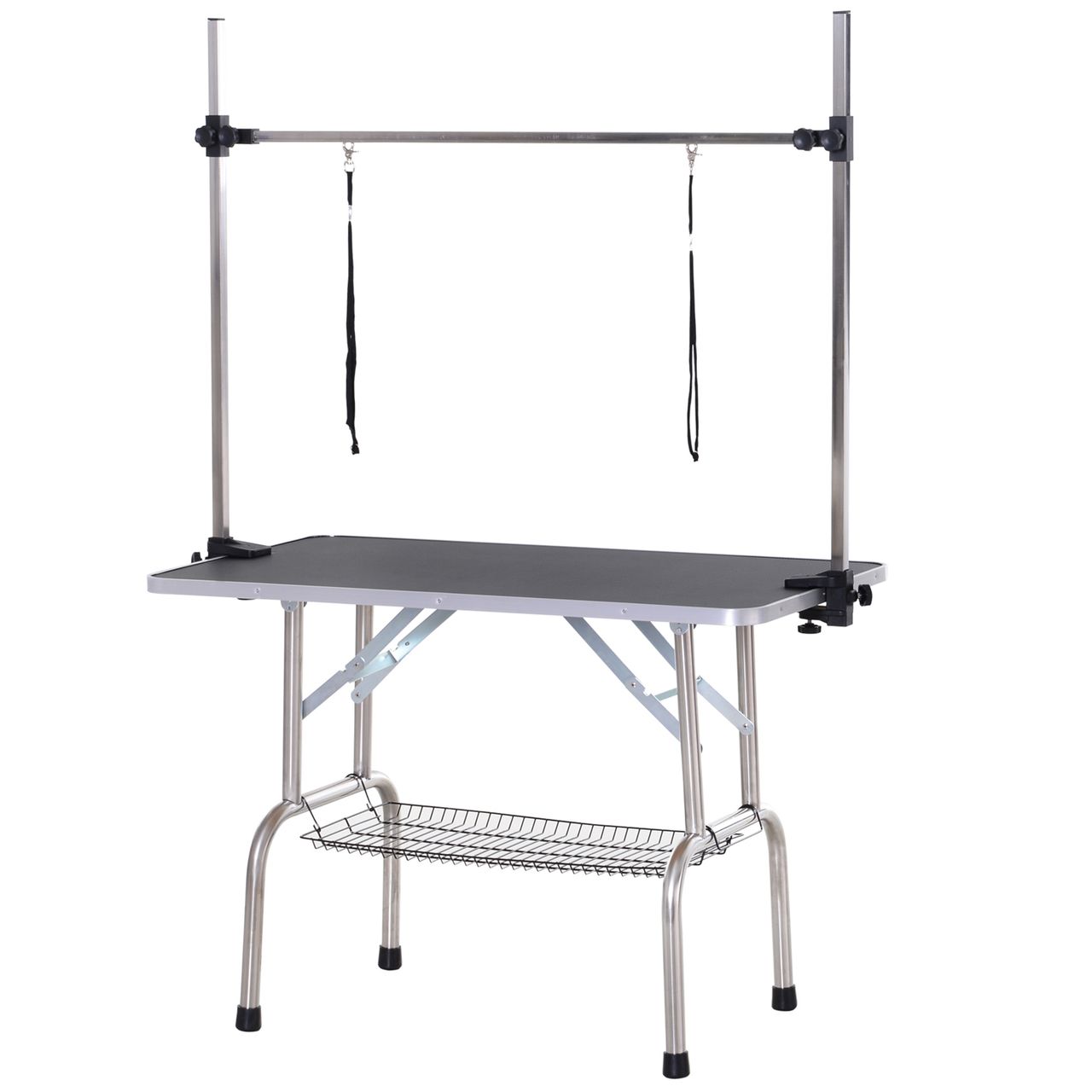 PawHut Trimmtisch Tierpflegetisch Schertisch Pflegetisch mit Unterkorb für Hunde höhenverstellbar klappbar Edelstahl Metall Schwarz 107 x 60 x 170 cm
