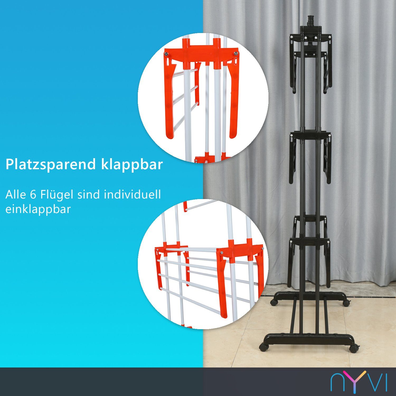 NYVI Turmwäscheständer Wäscheständer Turm LaundryFlex Turmwäscheständer Extra Groß & Stabil, Robuster Edelstahl Platzsparend Einklappbar 360° Räder 50Kg Tragkraft
