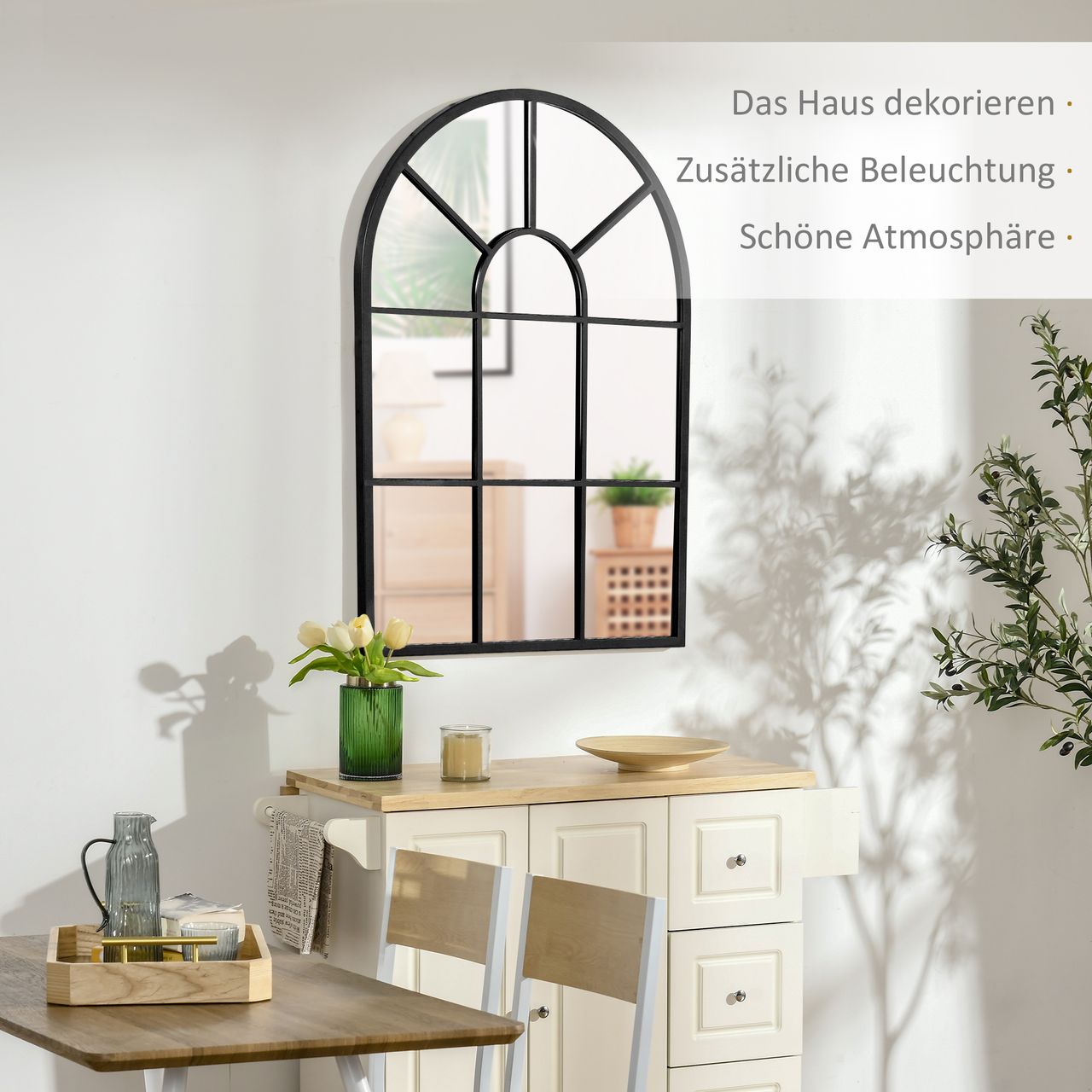 HOMCOM 91 x 60 cm Wandspiegel Bogenfenster-Spiegel Wohnzimmerspiegel Schwarz