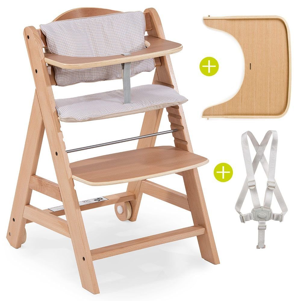 Hauck Hochstuhl Beta Plus - Natur Check (3 St), Mitwachsender Holz Kinderhochstuhl mit Essbrett, Sitzauflage & Rollen