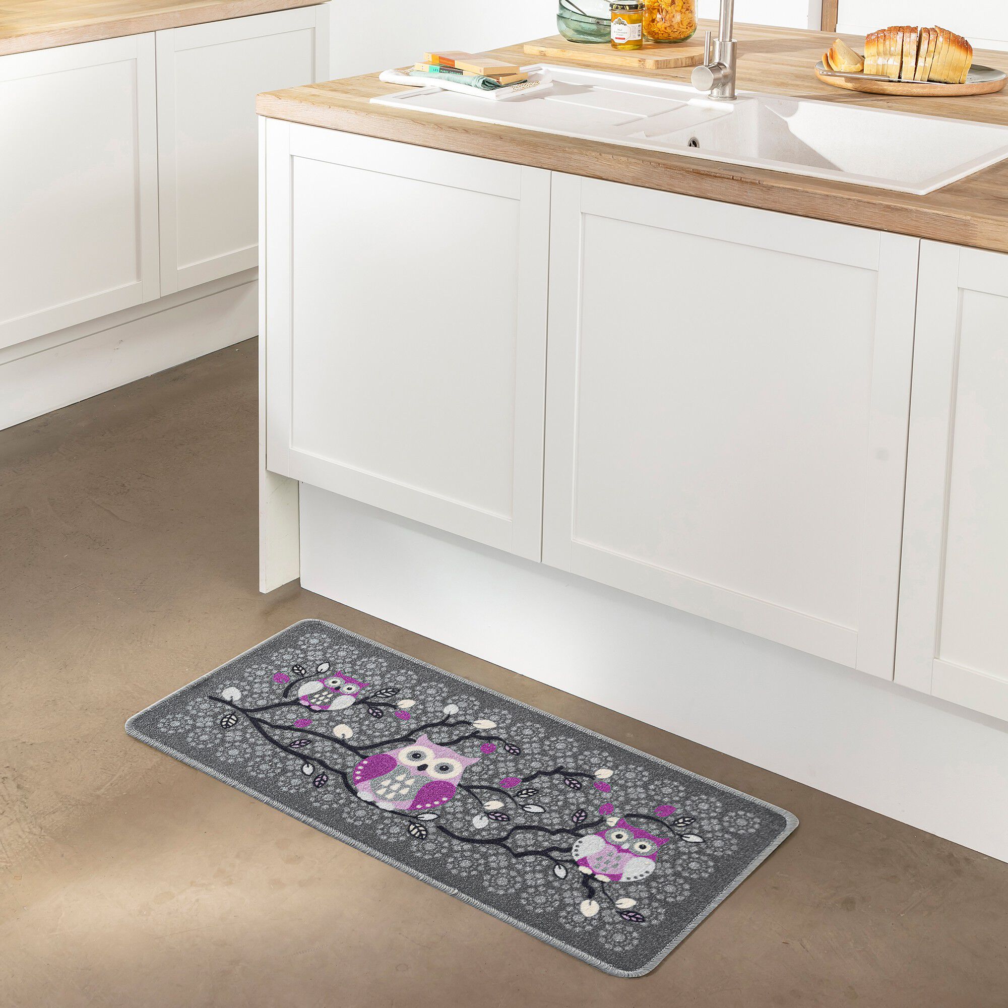 Tapis cuisine gris imprimé chouettes