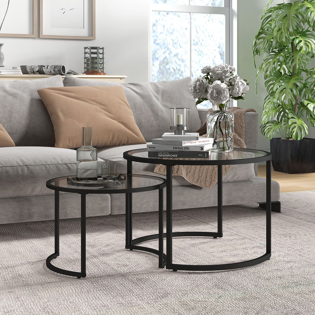 HOMCOM Couchtisch 2er-Set, Beistelltisch mit Stahlgestell, Kaffeetisch, Schwarz