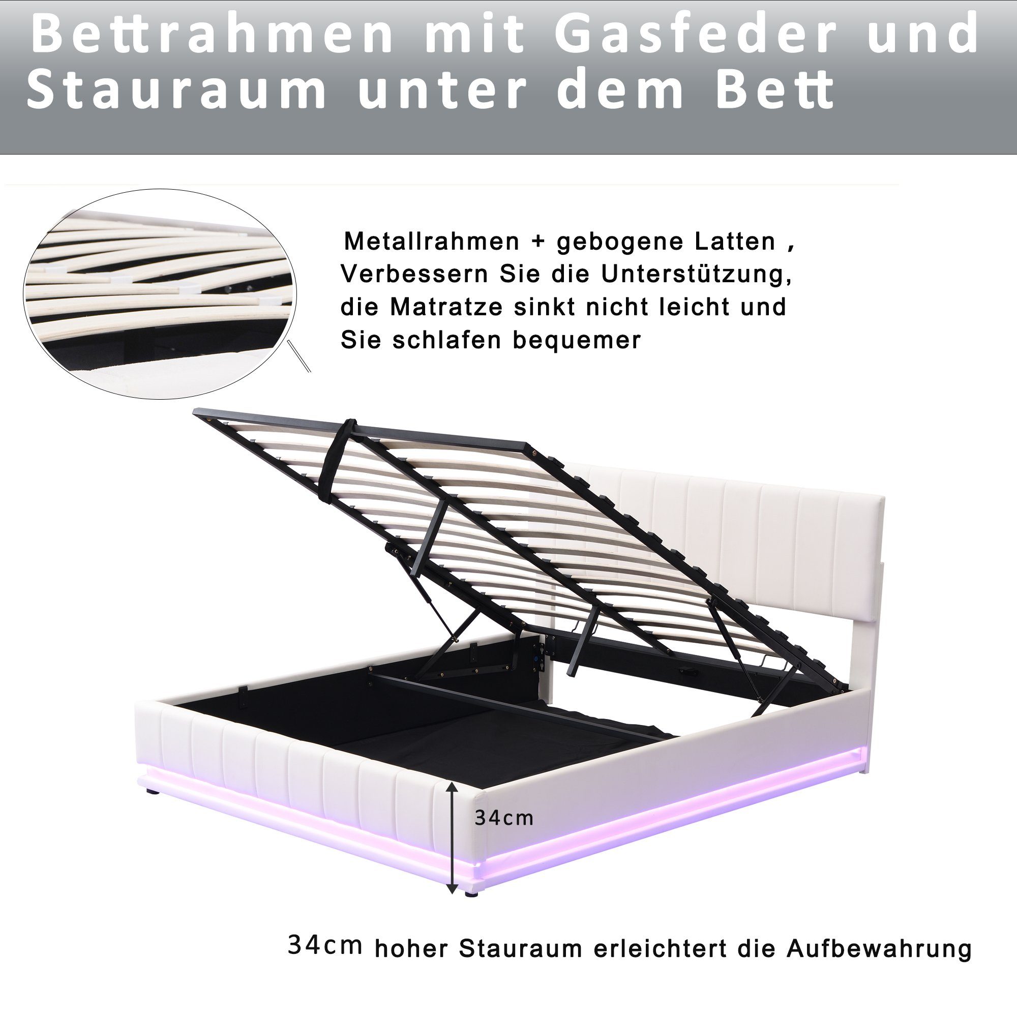 PHOEBE CAT Boxspringbett (LED Hydraulisches Bett mit Bettkasten und Lattenrost), Polsterbett Stauraumbett 160x200 cm, Kunstleder