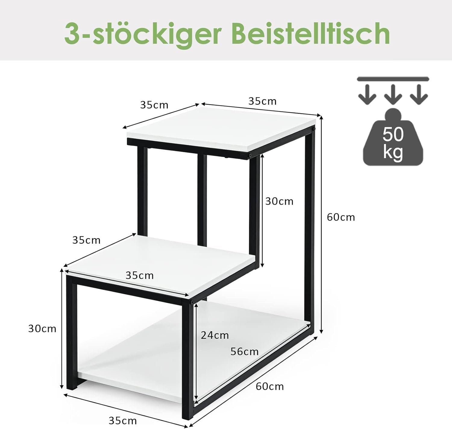 KOMFOTTEU Beistelltisch Kaffeetisch, mit Stahlrahmen, 3 Ebenen