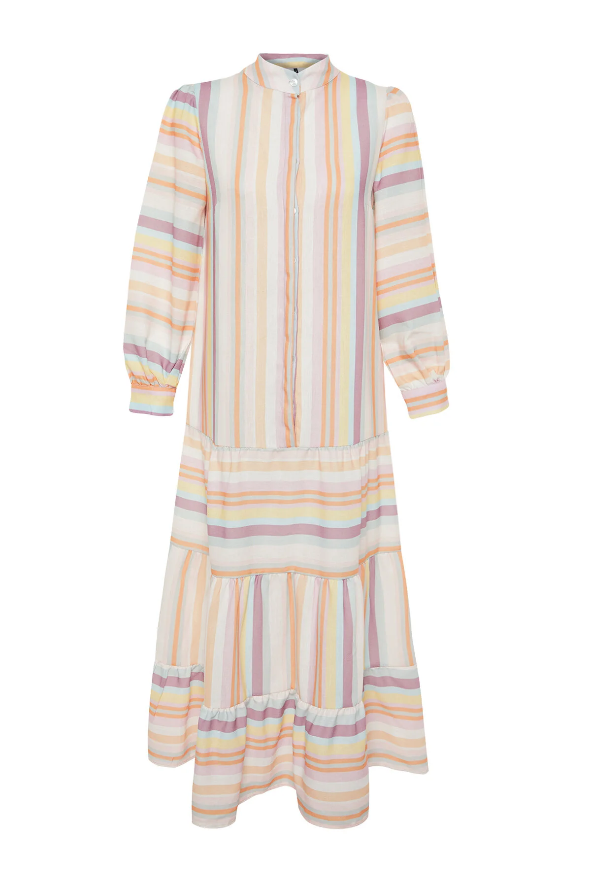 Trendyol Modest  Gewebtes Kleid in Leinenoptik mit mehrfarbig gestreiftem Rock und Rüschen TCTSS24EB00105