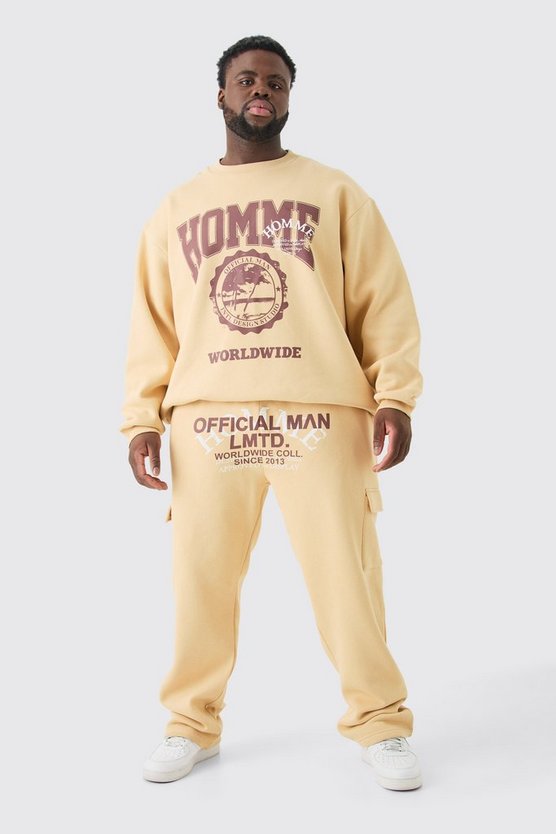 Plus Oversize Sweatshirt-Trainingsanzug mit Homme Worldwide Print