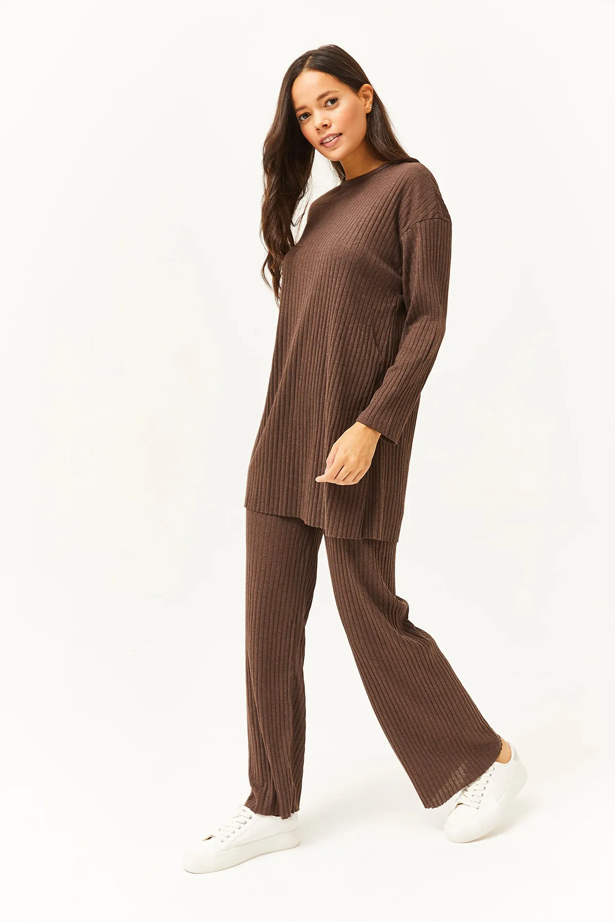 Olalook  Damen Bitterbraun Oberteil Schlitz Bluse Unterteil Palazzo Kordel Anzug TKM-19000180