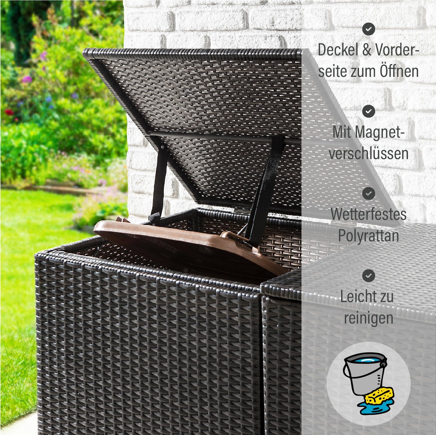 Green Yard Mülltonnenbox Mülltonnenabdeckung 2 Mülltonnen 111 x 65 x 104 cm Rattan-Optik (1 Stück, Mit Magnetverschluss), Deckel und Vorderseite zum Öffnen