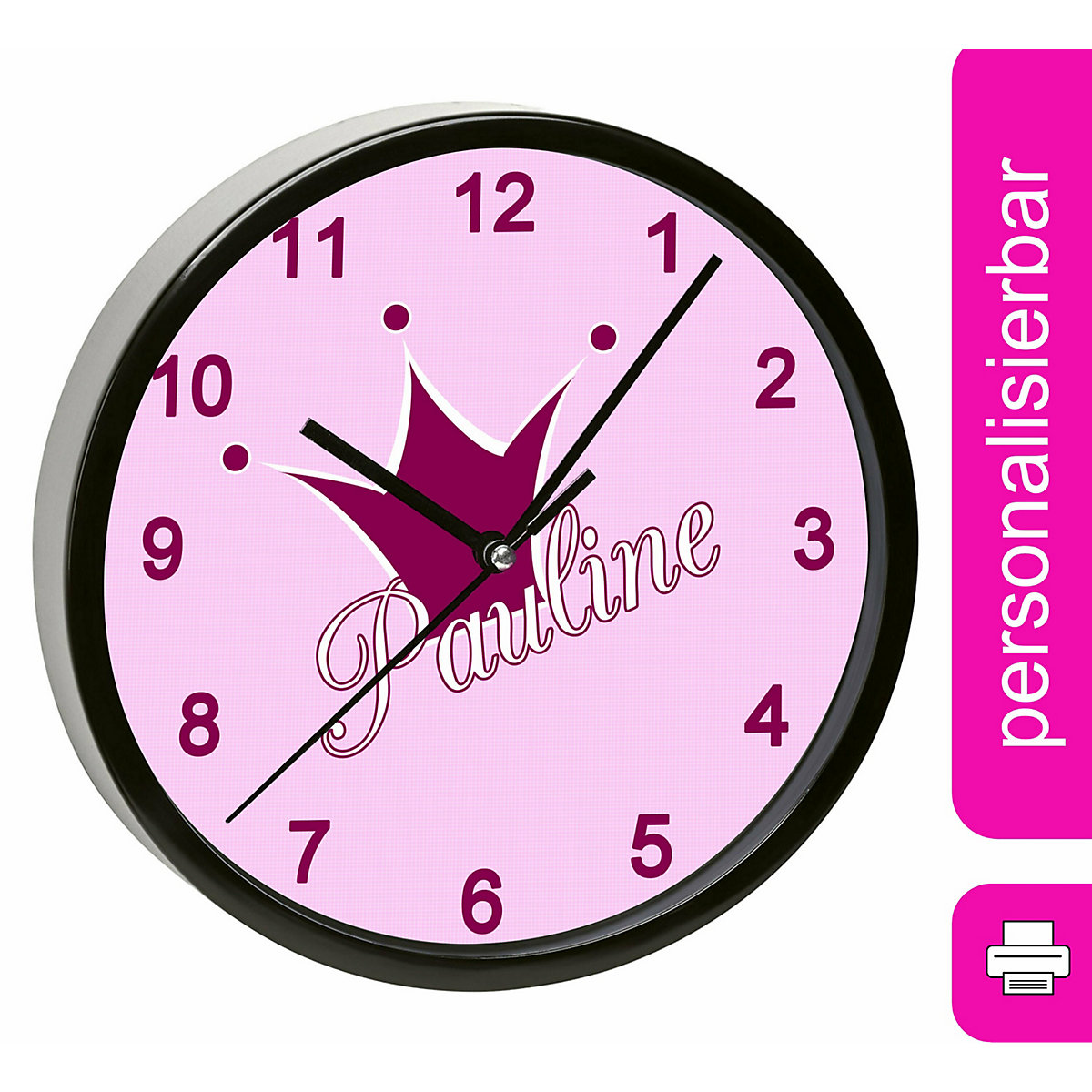 Kinder Wanduhr personalisiert mit Name Krone rosa