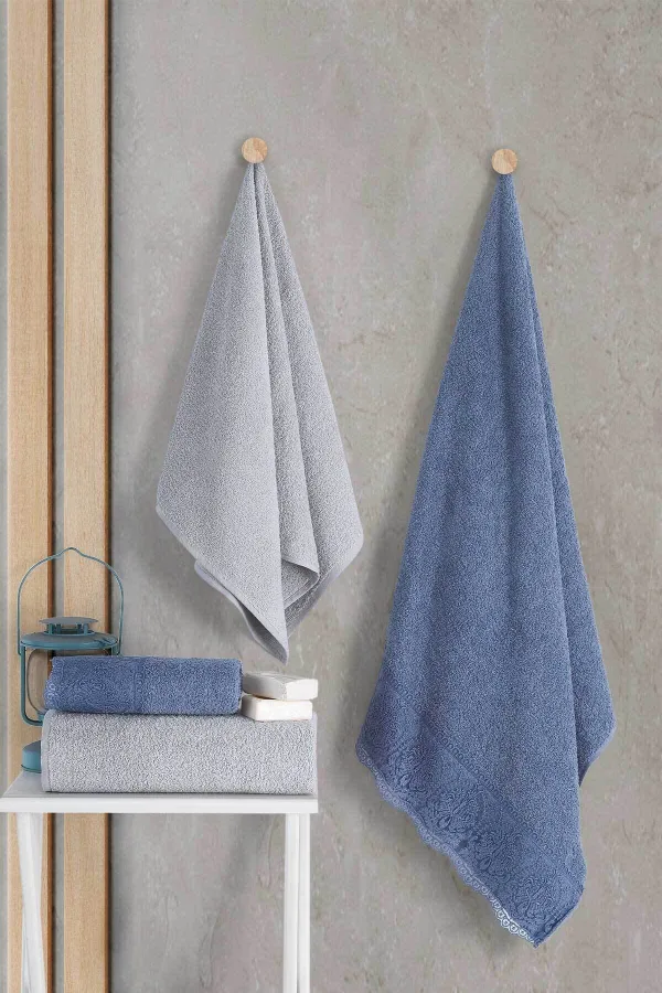 Elart  Türkisches Badetuch-Set aus 100 % Baumwolle, 4-teilig, Spitze, Violettblau