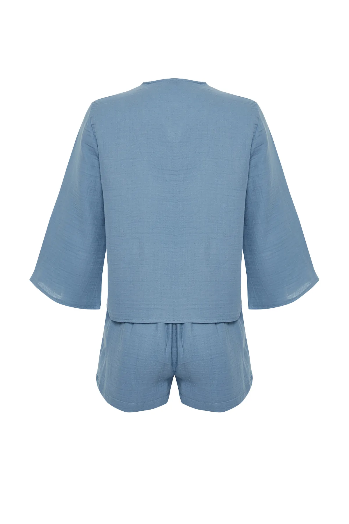 Trendyol Collection  Hochwertiges blaues Pyjama-Set aus gewebtem Musselin aus 100 % Baumwolle mit Schnürung THMSS24PT00077