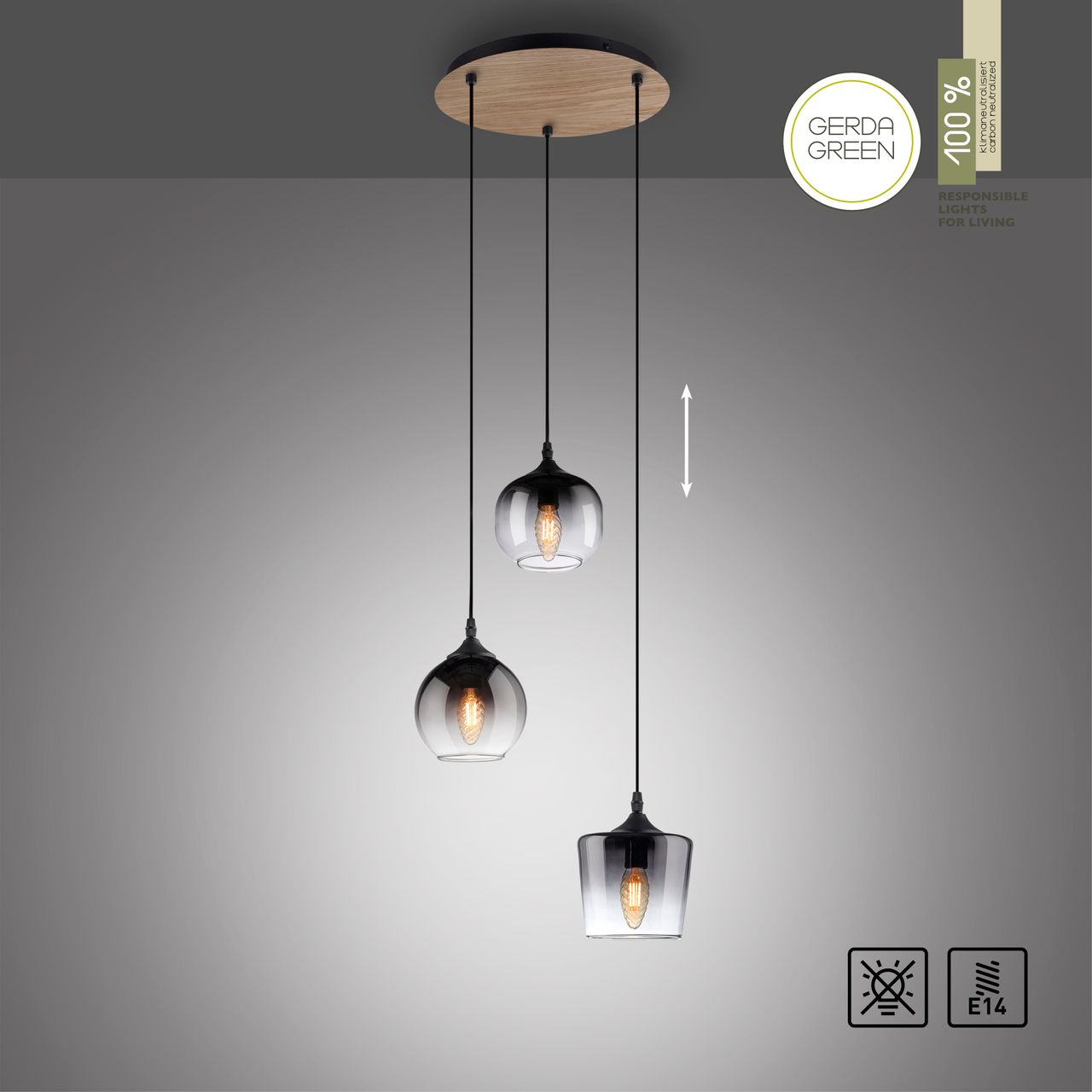JUST LIGHT Pendelleuchte GREEN ZEA, 3x E14/25 Watt max., rauchfarbene Gläser, Holz-natur