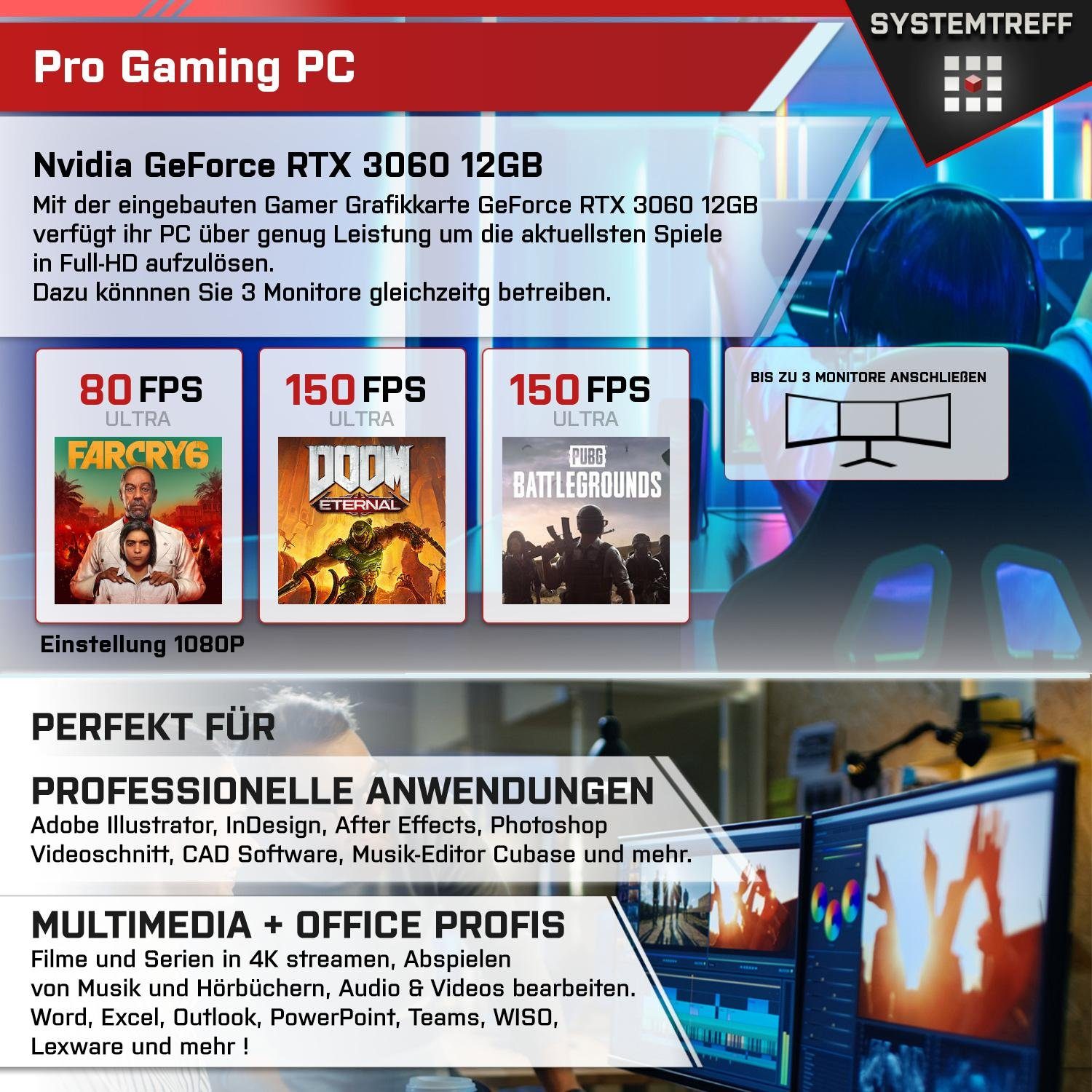 SYSTEMTREFF Gaming-PC (Intel Core i9 11900KF, GeForce RTX 3060, 16 GB RAM, 2000 GB HDD, 1000 GB SSD, Luftkühlung, Windows 11, WLAN)