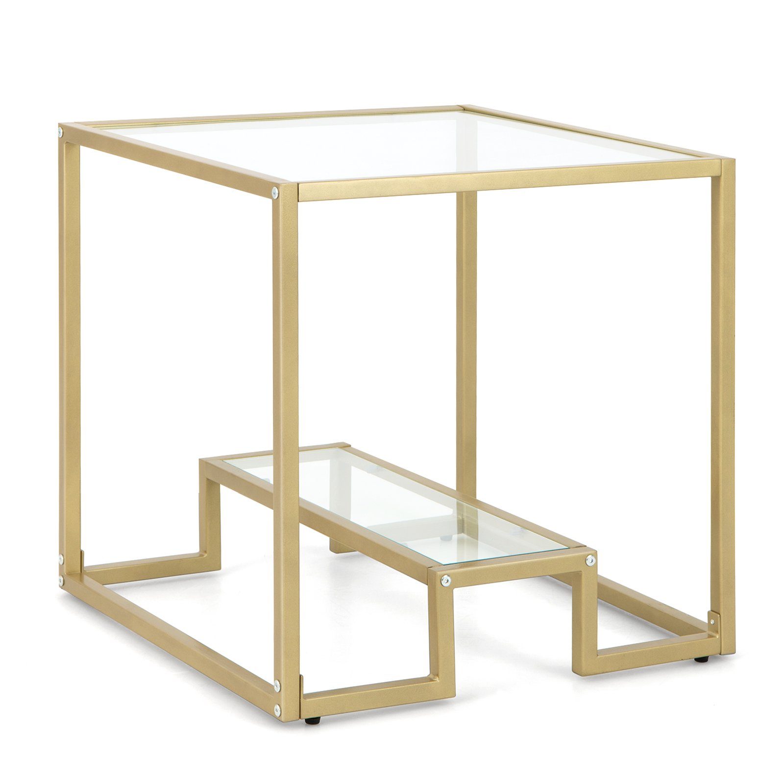 COSTWAY Beistelltisch, Tischplatte aus Glas, Metallrahmen, gold, 56x56x56,5cm