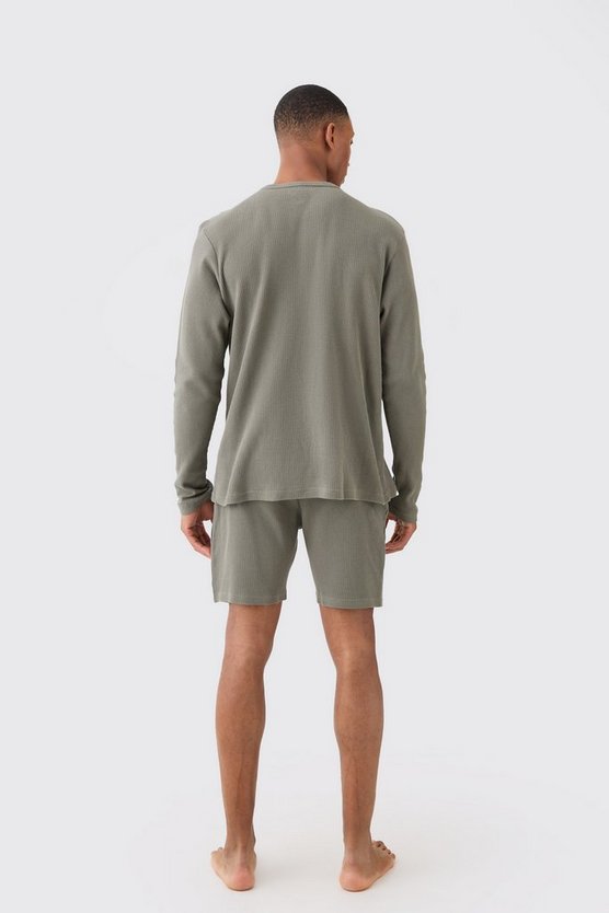 Waffle Lounge Long Sleeve Top & Short Set In Khaki
