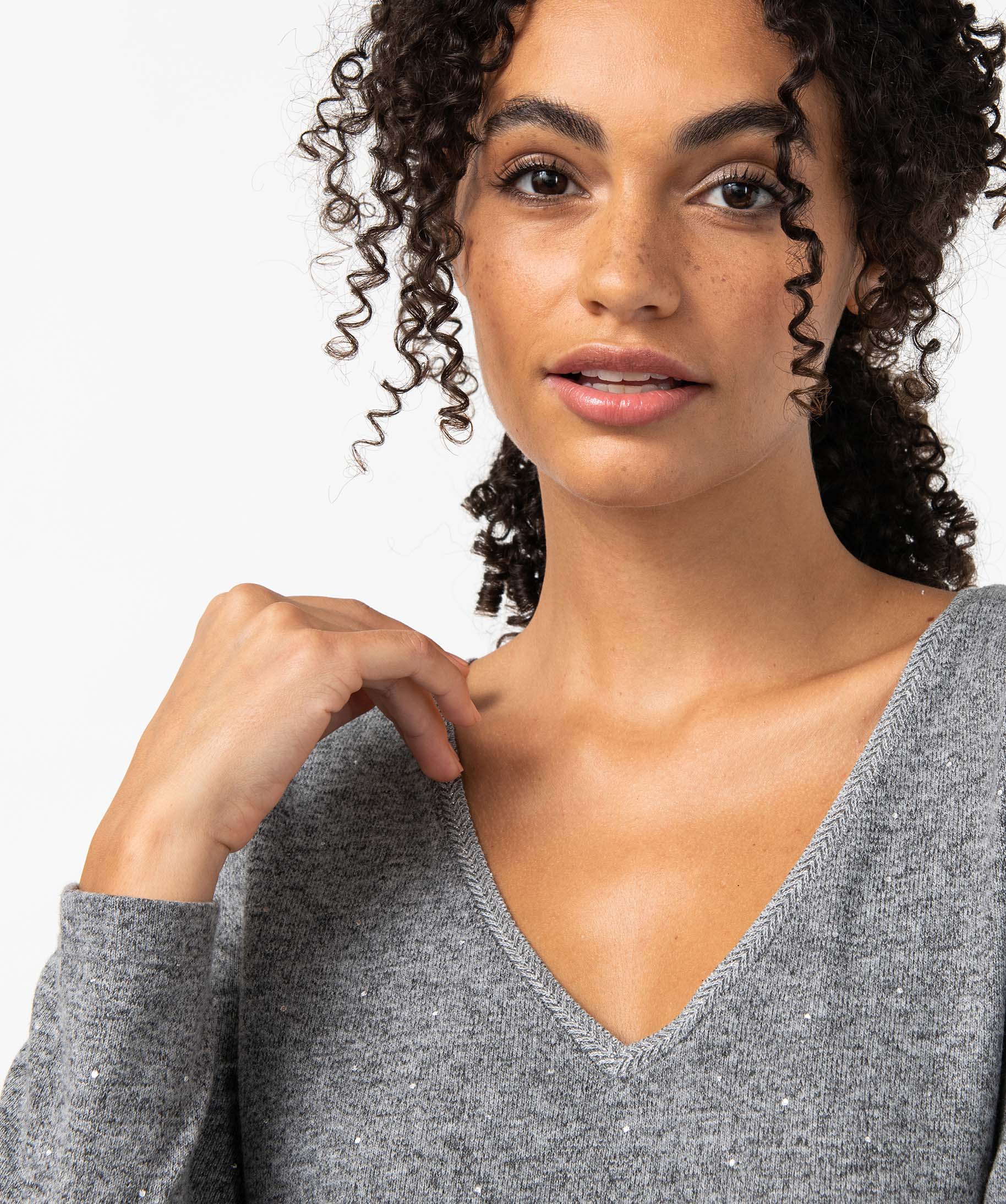 Tee-shirt femme à manches longues avec col V et motif scint... gris | GEMO