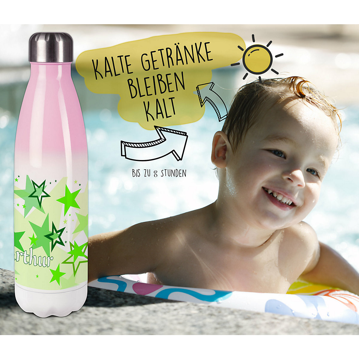 Edelstahl Kinder Thermoflasche / Trinkflasche bunt Sternenhimmel Farbe grün Spülmaschinenfest, Auslaufsicher, Bruchfest, Doppelwandig, Für Heißgetränke geeignet, Mit Deckel, Isoliert